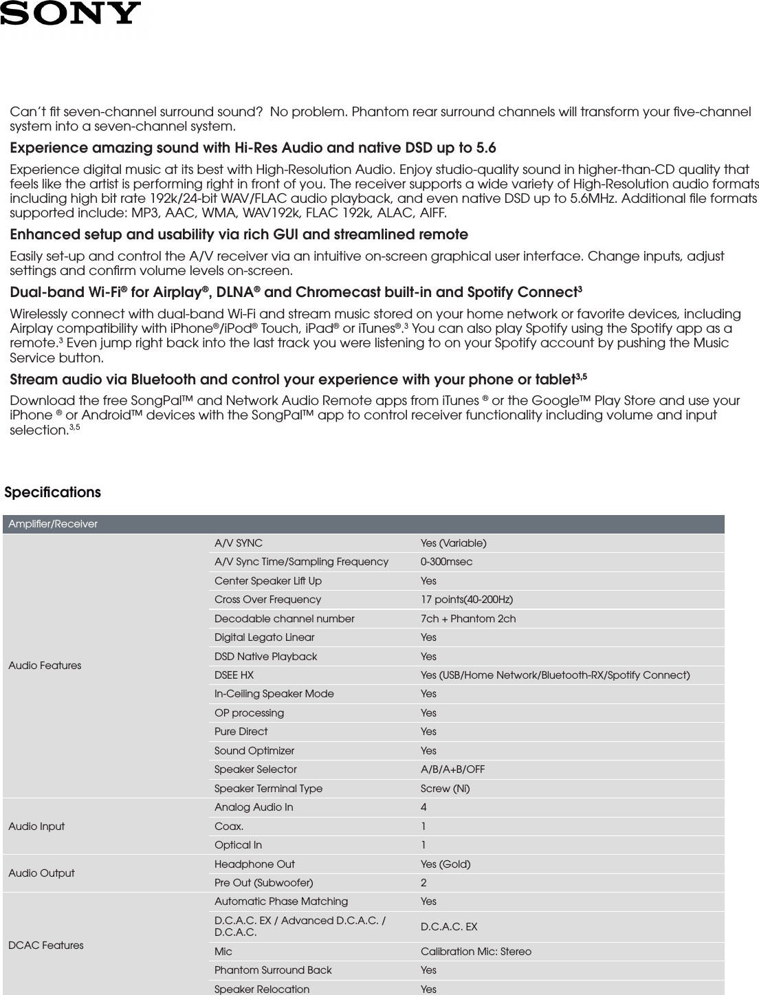 Page 2 of 6 - Sony STR-DN1080 User Manual Marketing Specifications STRDN1080 Mksp