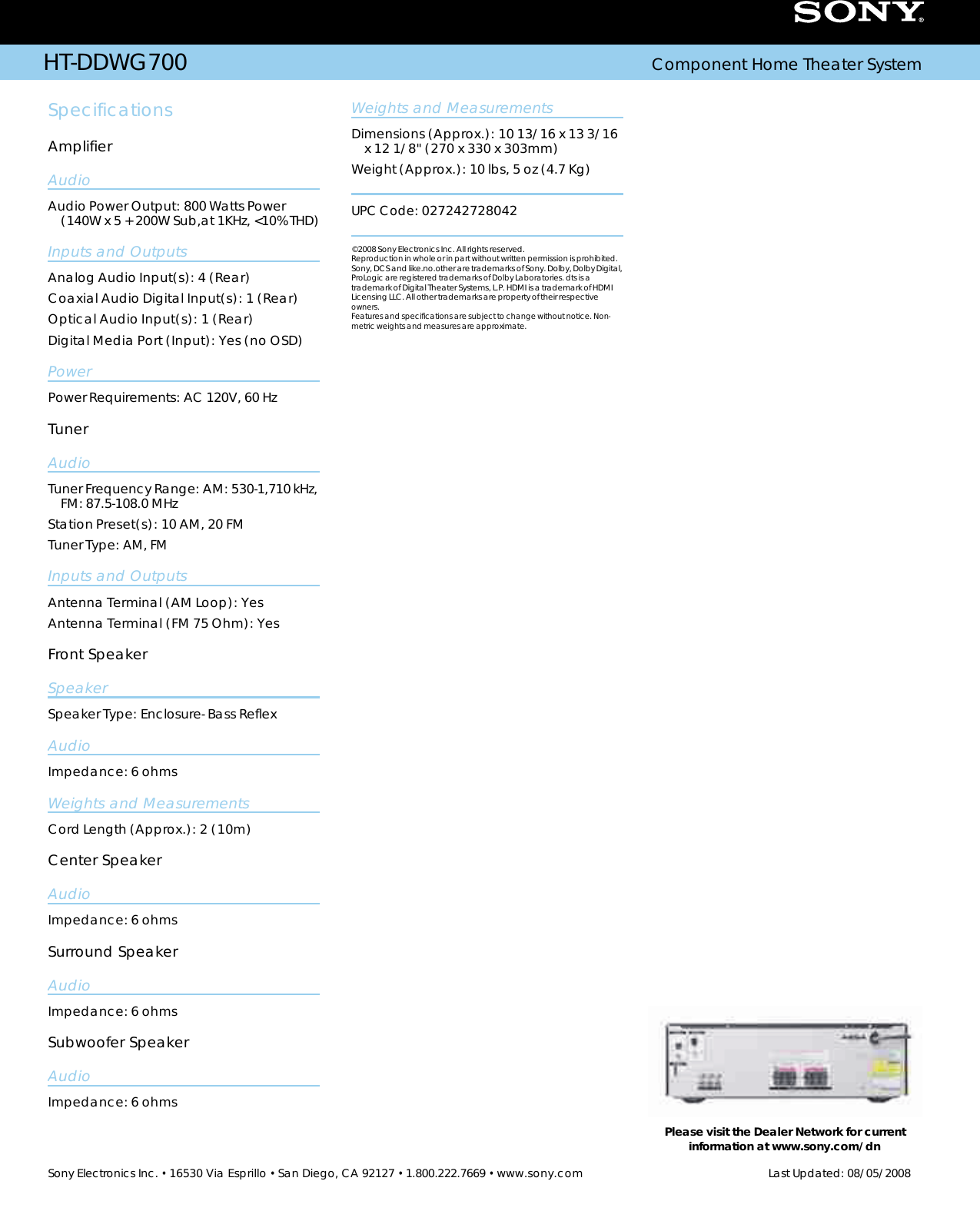 Page 2 of 2 - Sony STR-KG700 User Manual Marketing Specifications (HTDDWG700) HTDDWG700 Mksp