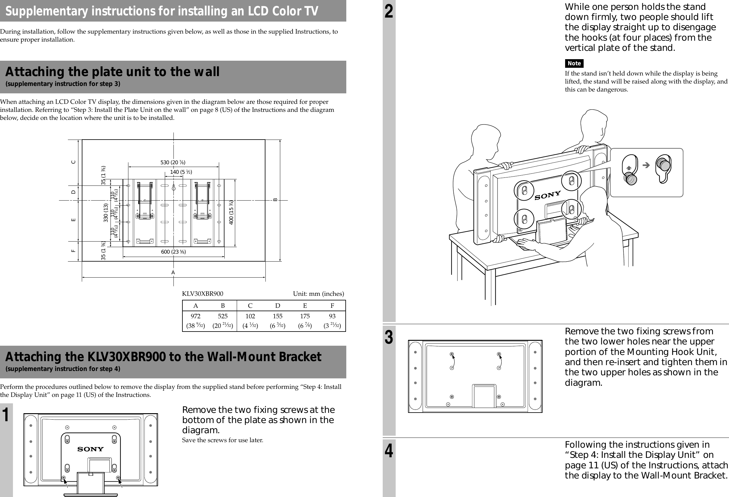Page 2 of 2 - Sony SU-PW1 SU-PW1_Insert_US User Manual Supplementary Instructions For Installing An LCD Color TV SUPW1supplement