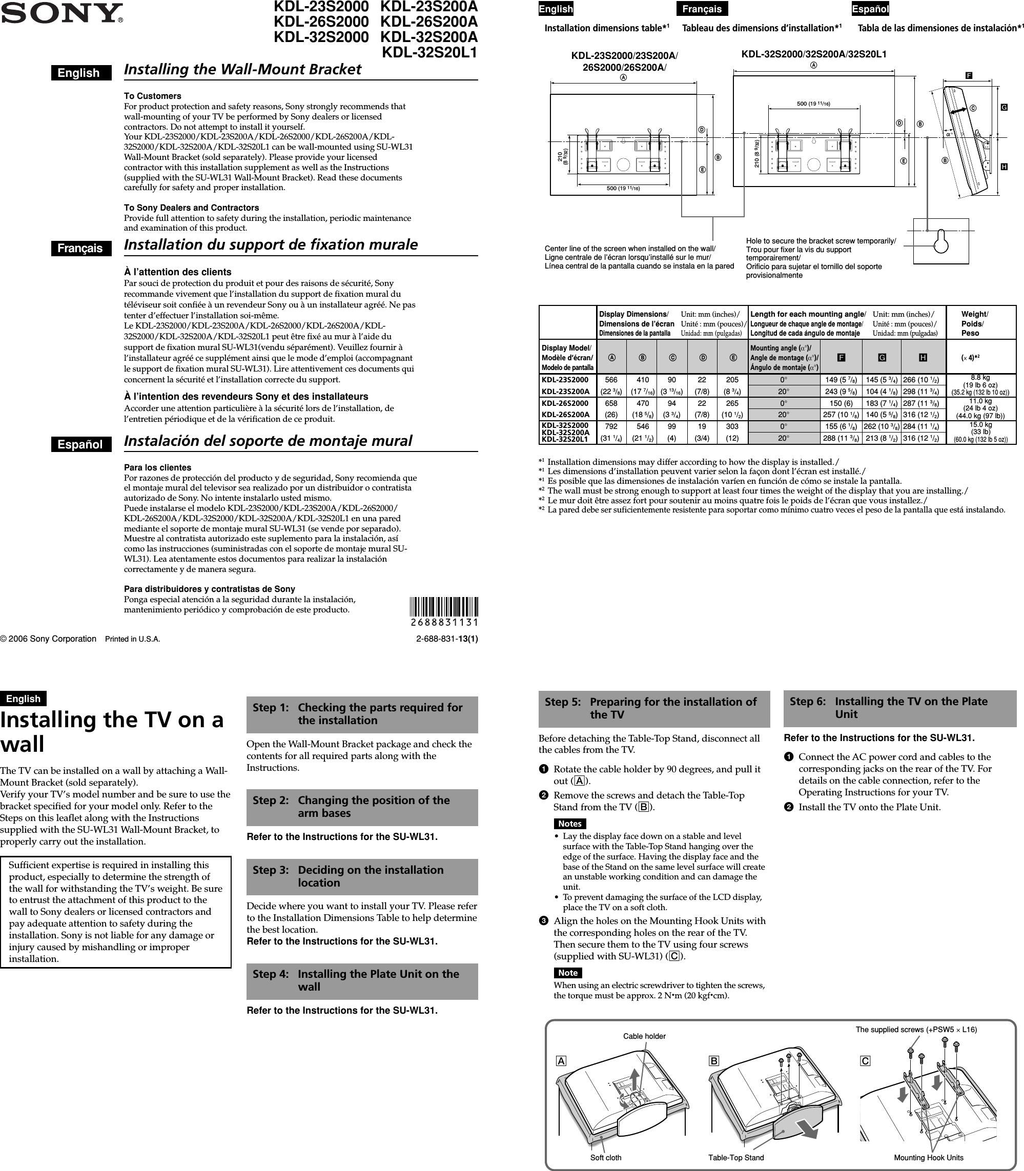 Page 1 of 2 - Sony SU-WL31 2-688-831-13 User Manual Installation SUWL31 Install EN ES FR