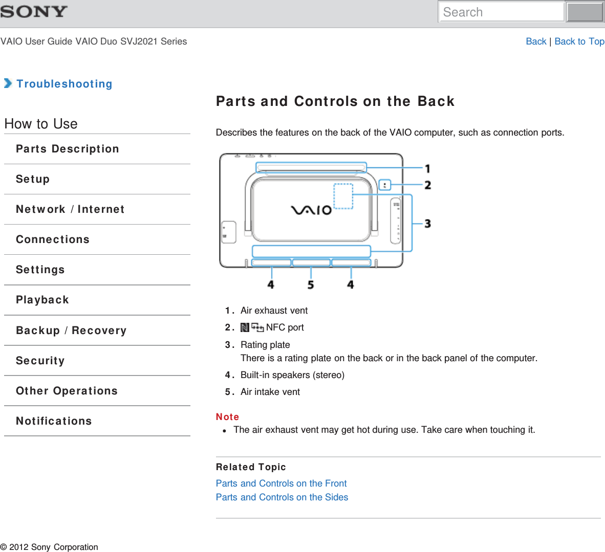 VAIO User Guide VAIO Duo SVJ2021 Series Back | Back to Top TroubleshootingHow to UseParts DescriptionSetupNetwork / InternetConnectionsSettingsPlaybackBackup / RecoverySecurityOther OperationsNotificationsParts and Controls on the BackDescribes the features on the back of the VAIO computer, such as connection ports.1. Air exhaust vent2.  NFC port3. Rating plateThere is a rating plate on the back or in the back panel of the computer.4. Built-in speakers (stereo)5. Air intake ventNoteThe air exhaust vent may get hot during use. Take care when touching it.Related TopicParts and Controls on the FrontParts and Controls on the Sides© 2012 Sony CorporationSearch