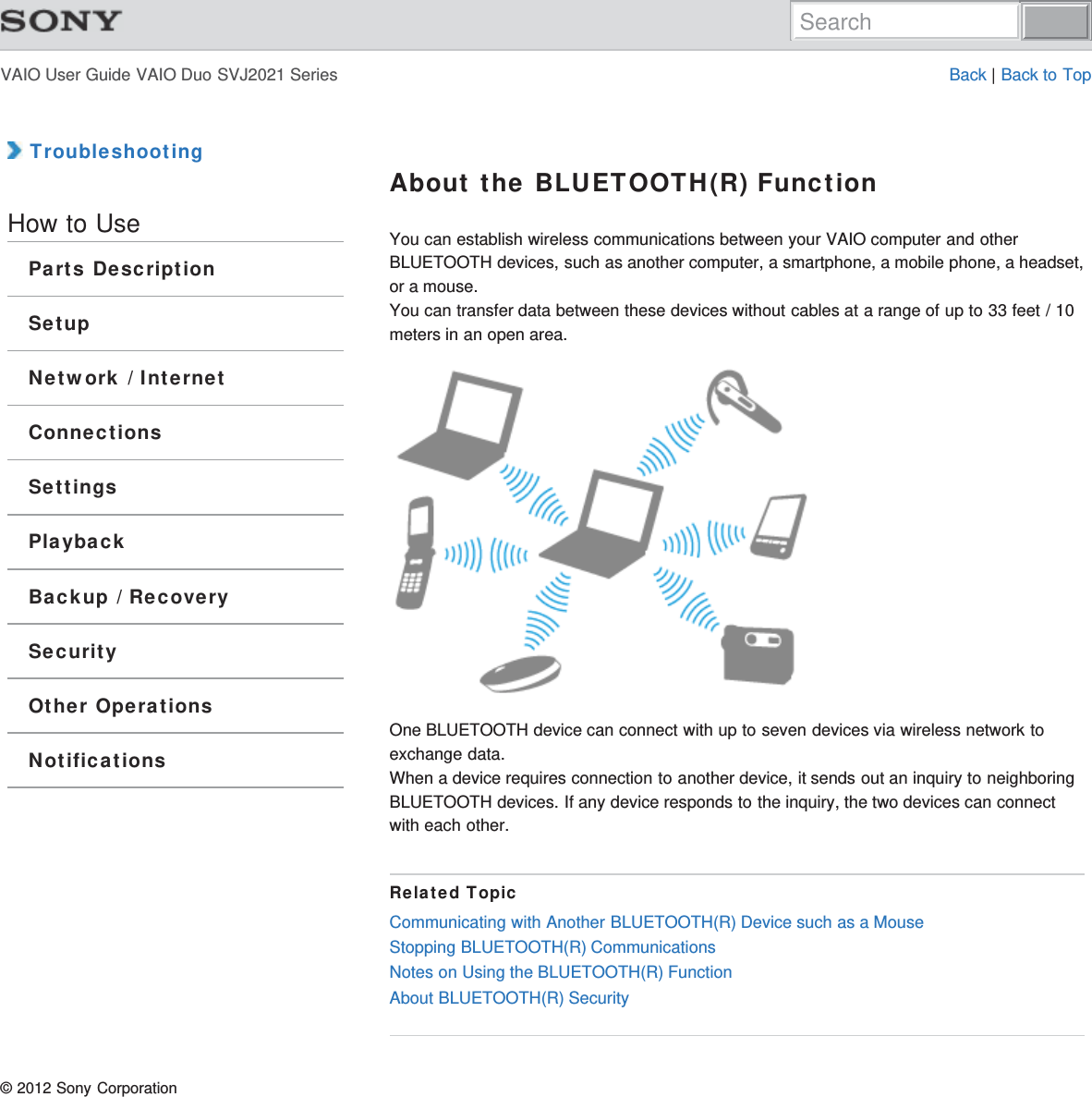 VAIO User Guide VAIO Duo SVJ2021 Series Back | Back to Top TroubleshootingHow to UseParts DescriptionSetupNetwork / InternetConnectionsSettingsPlaybackBackup / RecoverySecurityOther OperationsNotificationsAbout the BLUETOOTH(R) FunctionYou can establish wireless communications between your VAIO computer and otherBLUETOOTH devices, such as another computer, a smartphone, a mobile phone, a headset,or a mouse.You can transfer data between these devices without cables at a range of up to 33 feet / 10meters in an open area.One BLUETOOTH device can connect with up to seven devices via wireless network toexchange data.When a device requires connection to another device, it sends out an inquiry to neighboringBLUETOOTH devices. If any device responds to the inquiry, the two devices can connectwith each other.Related TopicCommunicating with Another BLUETOOTH(R) Device such as a MouseStopping BLUETOOTH(R) CommunicationsNotes on Using the BLUETOOTH(R) FunctionAbout BLUETOOTH(R) Security© 2012 Sony CorporationSearch