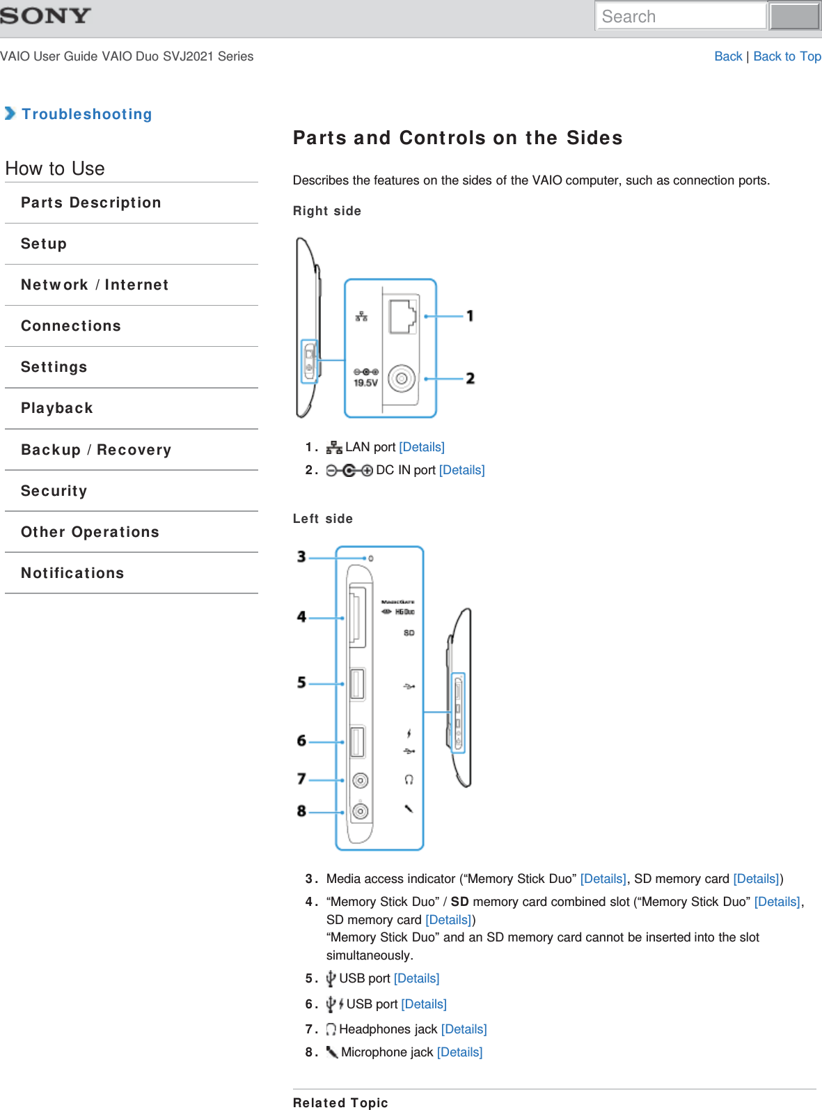 VAIO User Guide VAIO Duo SVJ2021 Series Back | Back to Top TroubleshootingHow to UseParts DescriptionSetupNetwork / InternetConnectionsSettingsPlaybackBackup / RecoverySecurityOther OperationsNotificationsParts and Controls on the SidesDescribes the features on the sides of the VAIO computer, such as connection ports.Right side1.  LAN port [Details]2.  DC IN port [Details]Left side3. Media access indicator (“Memory Stick Duo” [Details], SD memory card [Details])4. “Memory Stick Duo” / SD memory card combined slot (“Memory Stick Duo” [Details],SD memory card [Details])“Memory Stick Duo” and an SD memory card cannot be inserted into the slotsimultaneously.5.  USB port [Details]6.  USB port [Details]7.  Headphones jack [Details]8.  Microphone jack [Details]Related TopicSearch