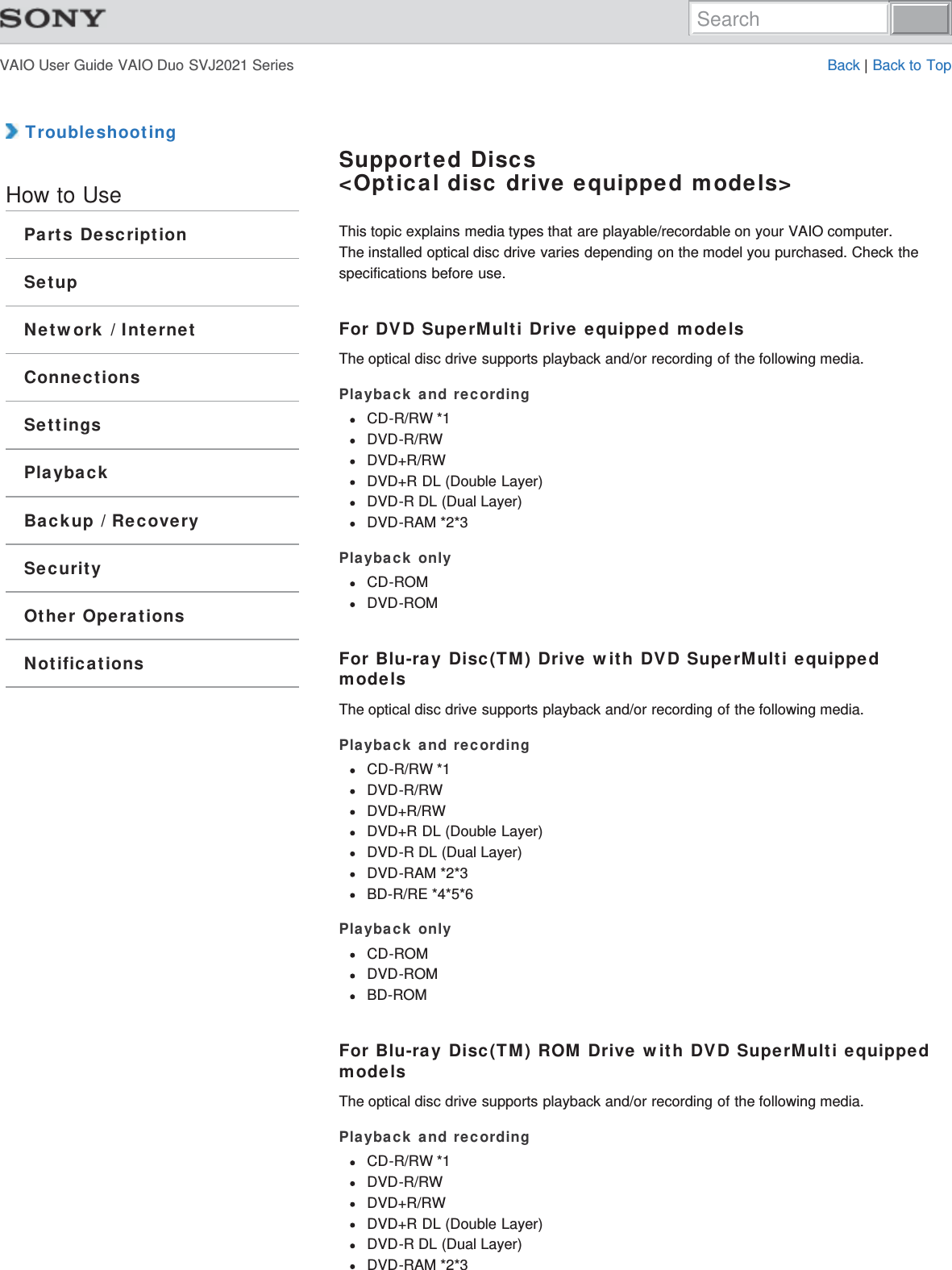 VAIO User Guide VAIO Duo SVJ2021 Series Back | Back to Top TroubleshootingHow to UseParts DescriptionSetupNetwork / InternetConnectionsSettingsPlaybackBackup / RecoverySecurityOther OperationsNotificationsSupported Discs&lt;Optical disc drive equipped models&gt;This topic explains media types that are playable/recordable on your VAIO computer.The installed optical disc drive varies depending on the model you purchased. Check thespecifications before use.For DVD SuperMulti Drive equipped modelsThe optical disc drive supports playback and/or recording of the following media.Playback and recordingCD-R/RW *1DVD-R/RWDVD+R/RWDVD+R DL (Double Layer)DVD-R DL (Dual Layer)DVD-RAM *2*3Playback onlyCD-ROMDVD-ROMFor Blu-ray Disc(TM) Drive with DVD SuperMulti equippedmodelsThe optical disc drive supports playback and/or recording of the following media.Playback and recordingCD-R/RW *1DVD-R/RWDVD+R/RWDVD+R DL (Double Layer)DVD-R DL (Dual Layer)DVD-RAM *2*3BD-R/RE *4*5*6Playback onlyCD-ROMDVD-ROMBD-ROMFor Blu-ray Disc(TM) ROM Drive with DVD SuperMulti equippedmodelsThe optical disc drive supports playback and/or recording of the following media.Playback and recordingCD-R/RW *1DVD-R/RWDVD+R/RWDVD+R DL (Double Layer)DVD-R DL (Dual Layer)DVD-RAM *2*3Search