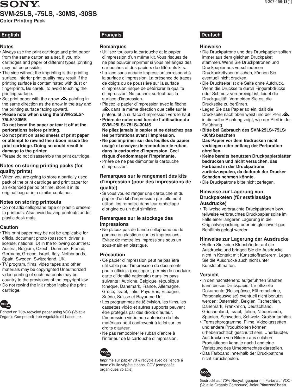 Page 1 of 2 - Sony SVM-30MS SVM-25LS, -75LS, -30MS, -30SS User Manual Instructions SVM30MS