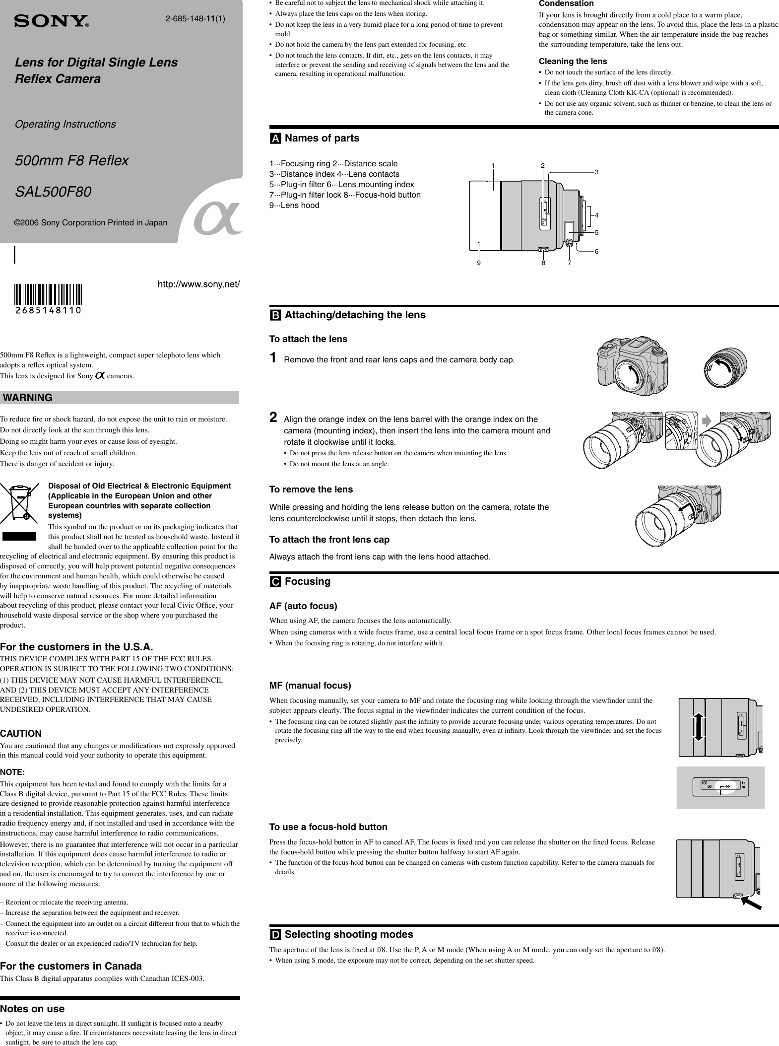 Page 1 of 2 - Sony Sony-500Mm-F8-Reflex-Sal500F80-Users-Manual- SAL500F80  Sony-500mm-f8-reflex-sal500f80-users-manual