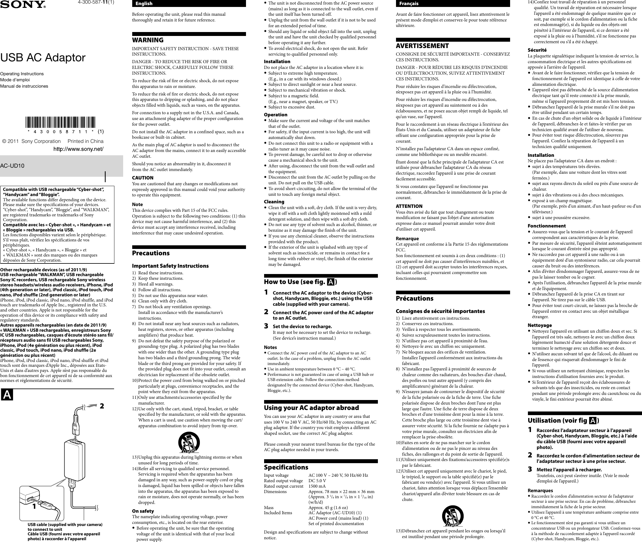 Sony Ac Ud10 Operating Instructions