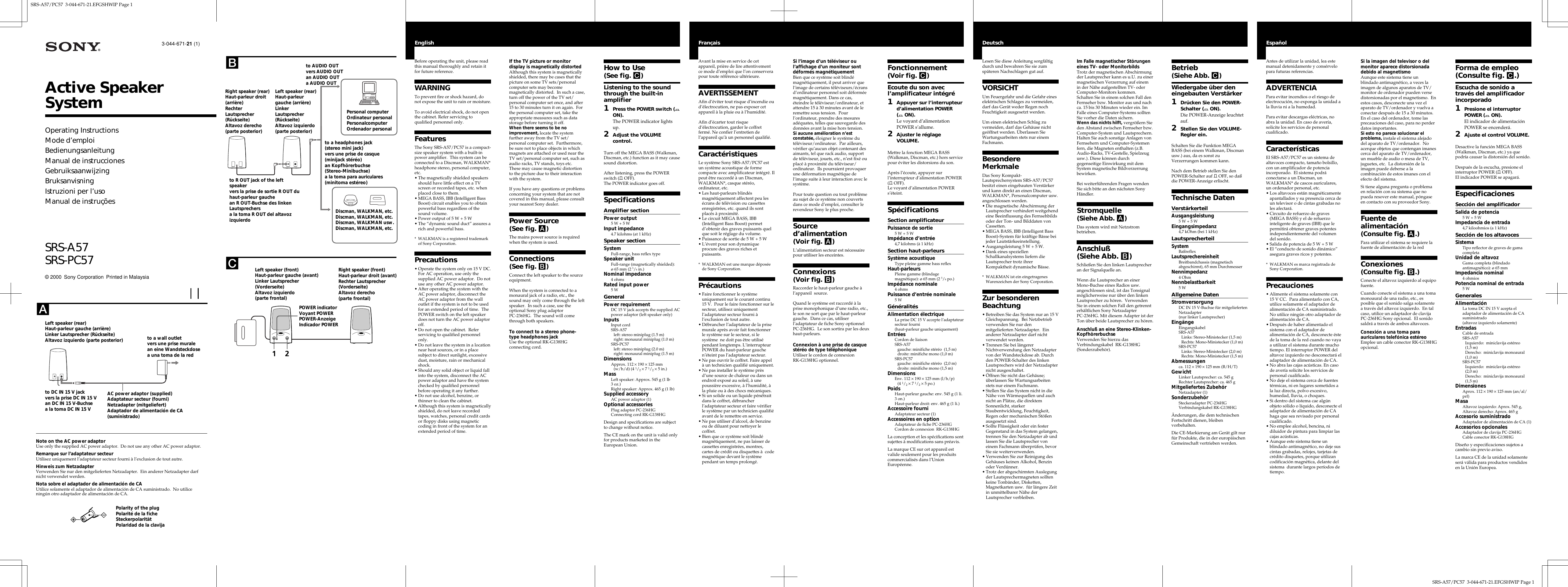 Page 1 of 2 - Sony Sony-Active-Srs-A57-Users-Manual- SRS-A57/PC57  Sony-active-srs-a57-users-manual