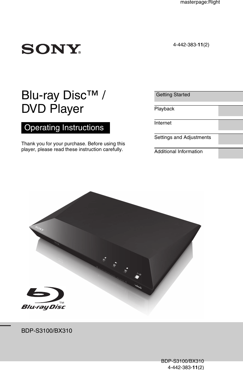 Sony Bdp Bx310 Users Manual S3100/BX310