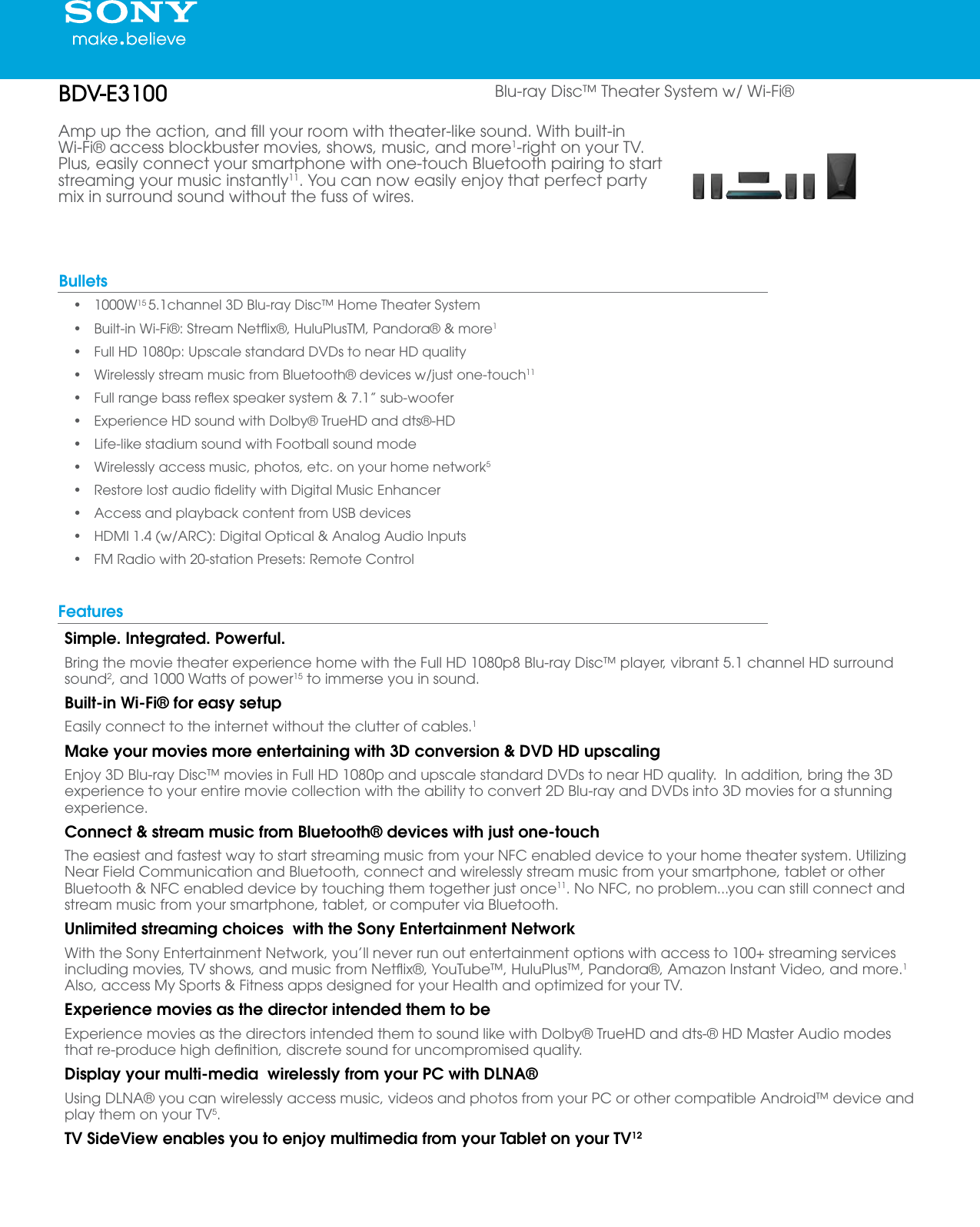 Page 1 of 5 - Sony Sony-Bdv-E3100-Marketing-Specifications-  Sony-bdv-e3100-marketing-specifications