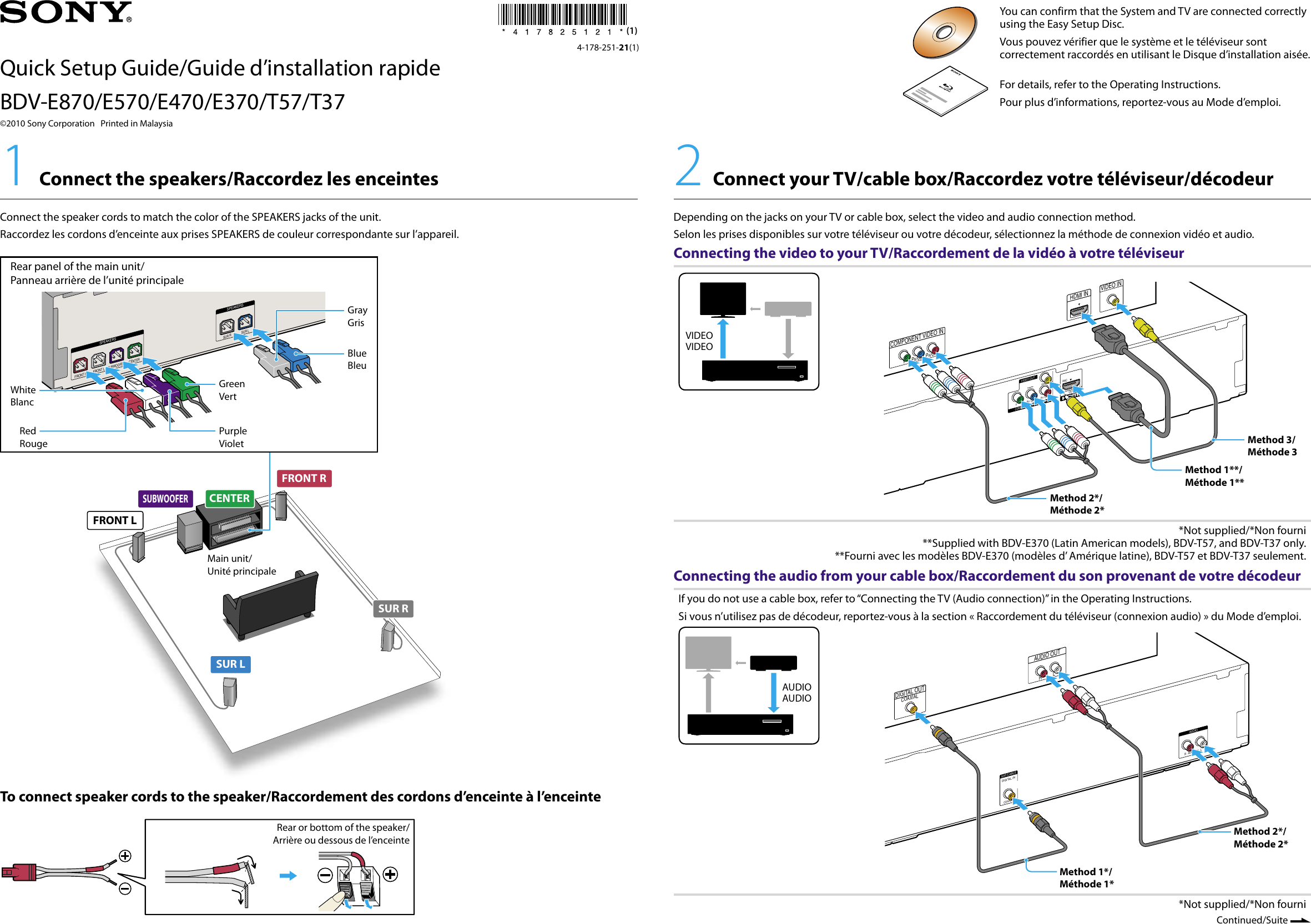 Page 1 of 2 - Sony Sony-Bdv-T37-Quick-Setup-Guide- BDV-E870/E570/E470/E370/T57/T37  Sony-bdv-t37-quick-setup-guide