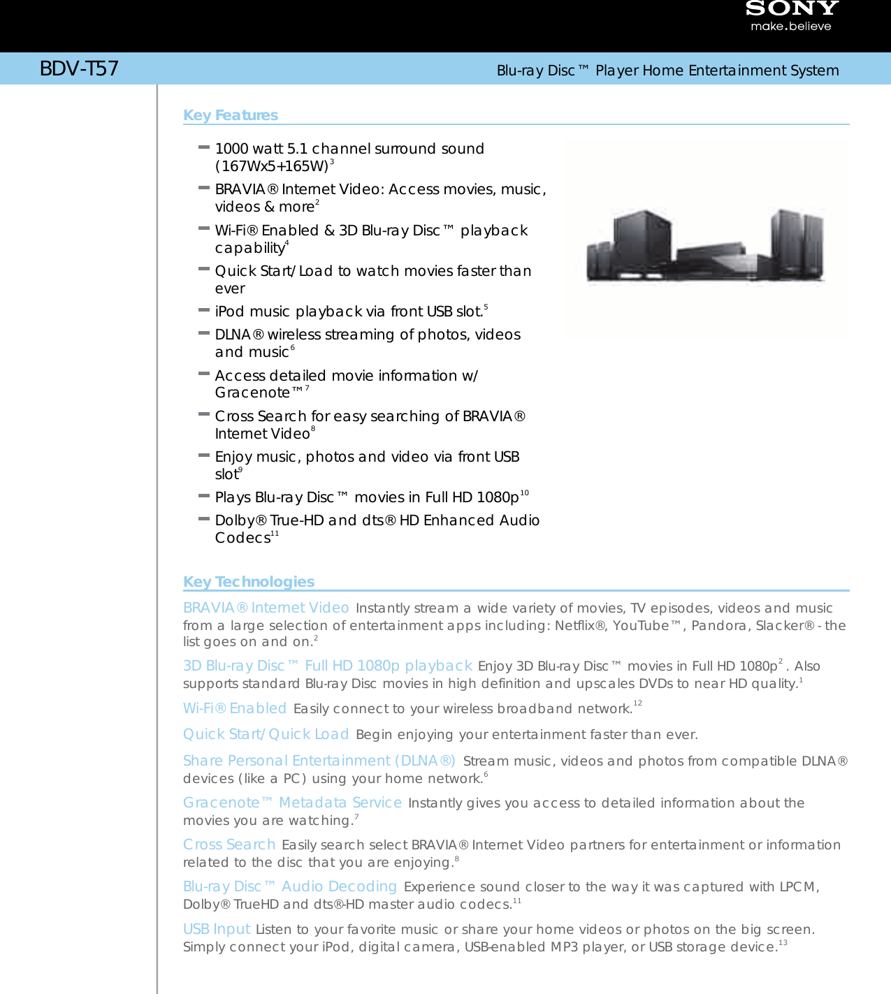 Page 1 of 2 - Sony Sony-Bdv-T57-Marketing-Specifications-  Sony-bdv-t57-marketing-specifications
