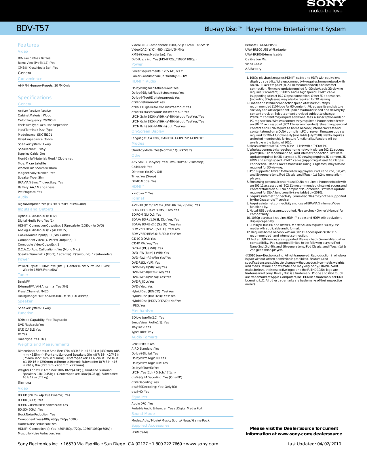Page 2 of 2 - Sony Sony-Bdv-T57-Marketing-Specifications-  Sony-bdv-t57-marketing-specifications