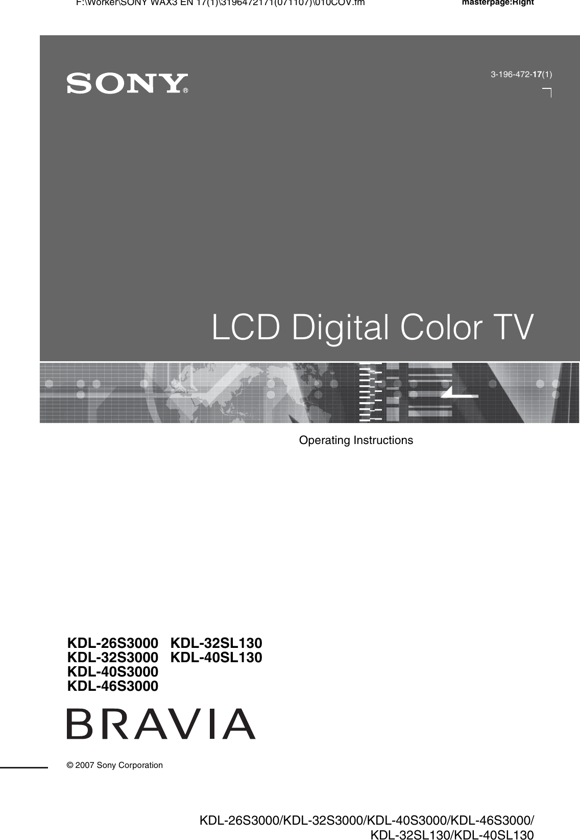 Sony Bravia Kdl 26S3000 Users Manual 26/32/40/46S3000 32/40SL130