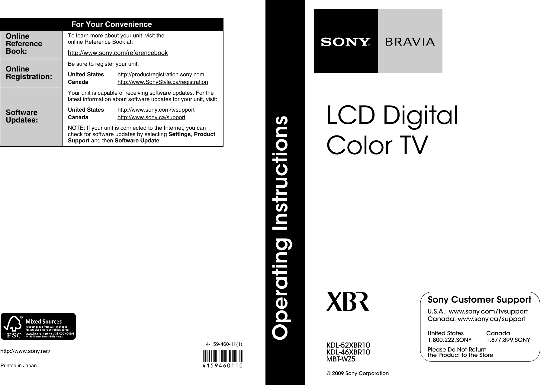 Sony Bravia Kdl 46xbr10 Users Manual Mbt Wz5 Kdl 46xbr10 Kdl 52xbr10