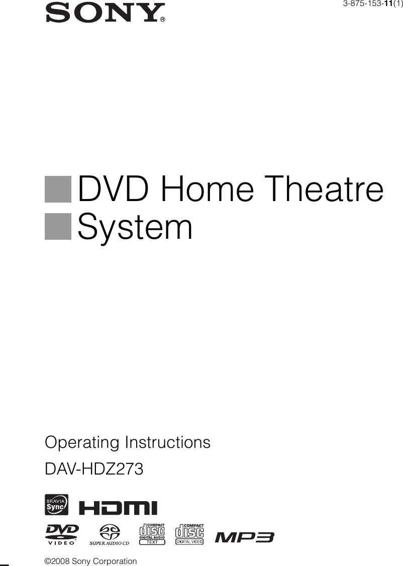 Sony Bravia Theater Davhdz273 Users Manual DAV HDZ273