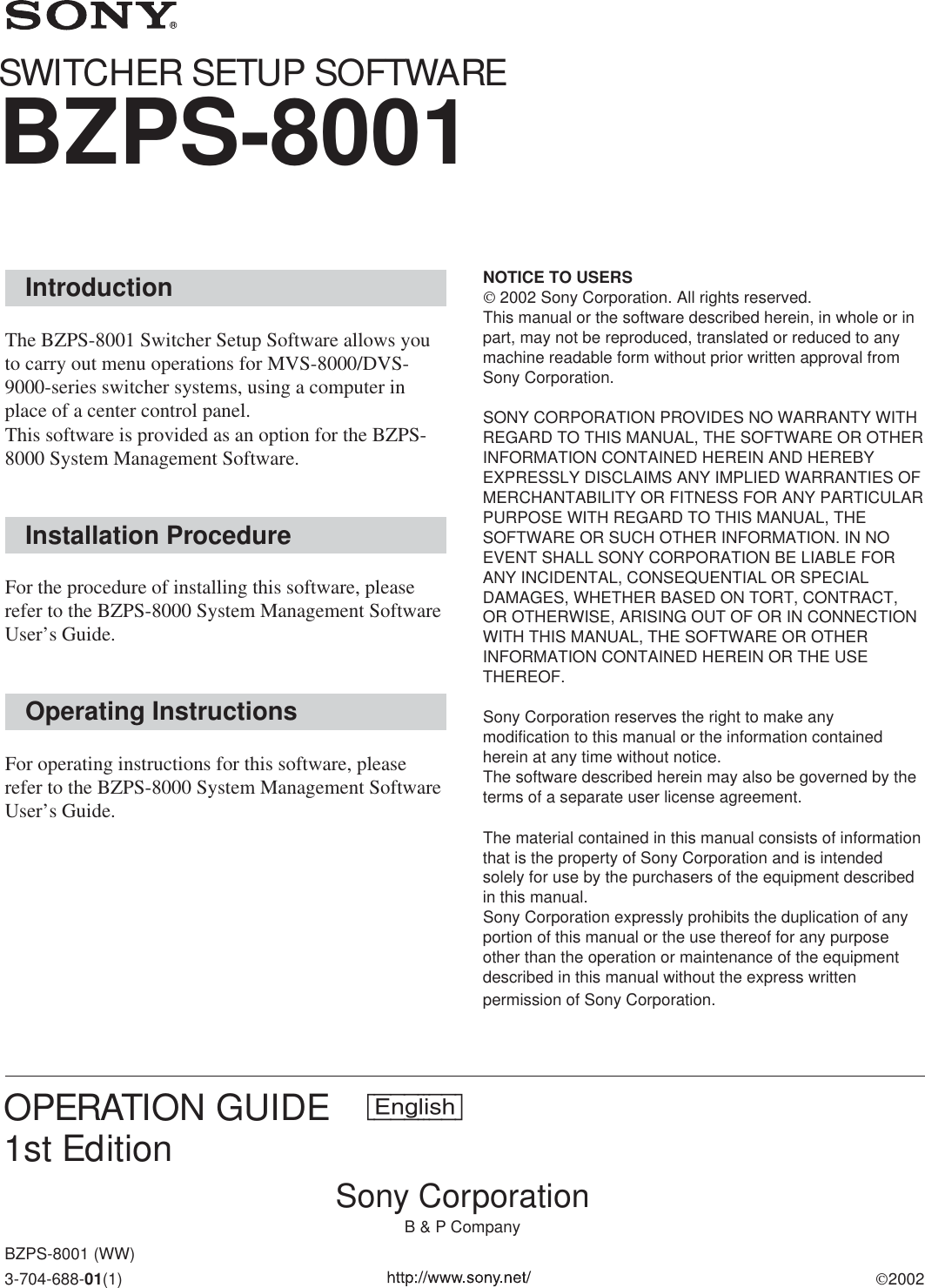 Page 1 of 1 - Sony Sony-Bzps-8001-Users-Manual- BZPS-8001  Sony-bzps-8001-users-manual