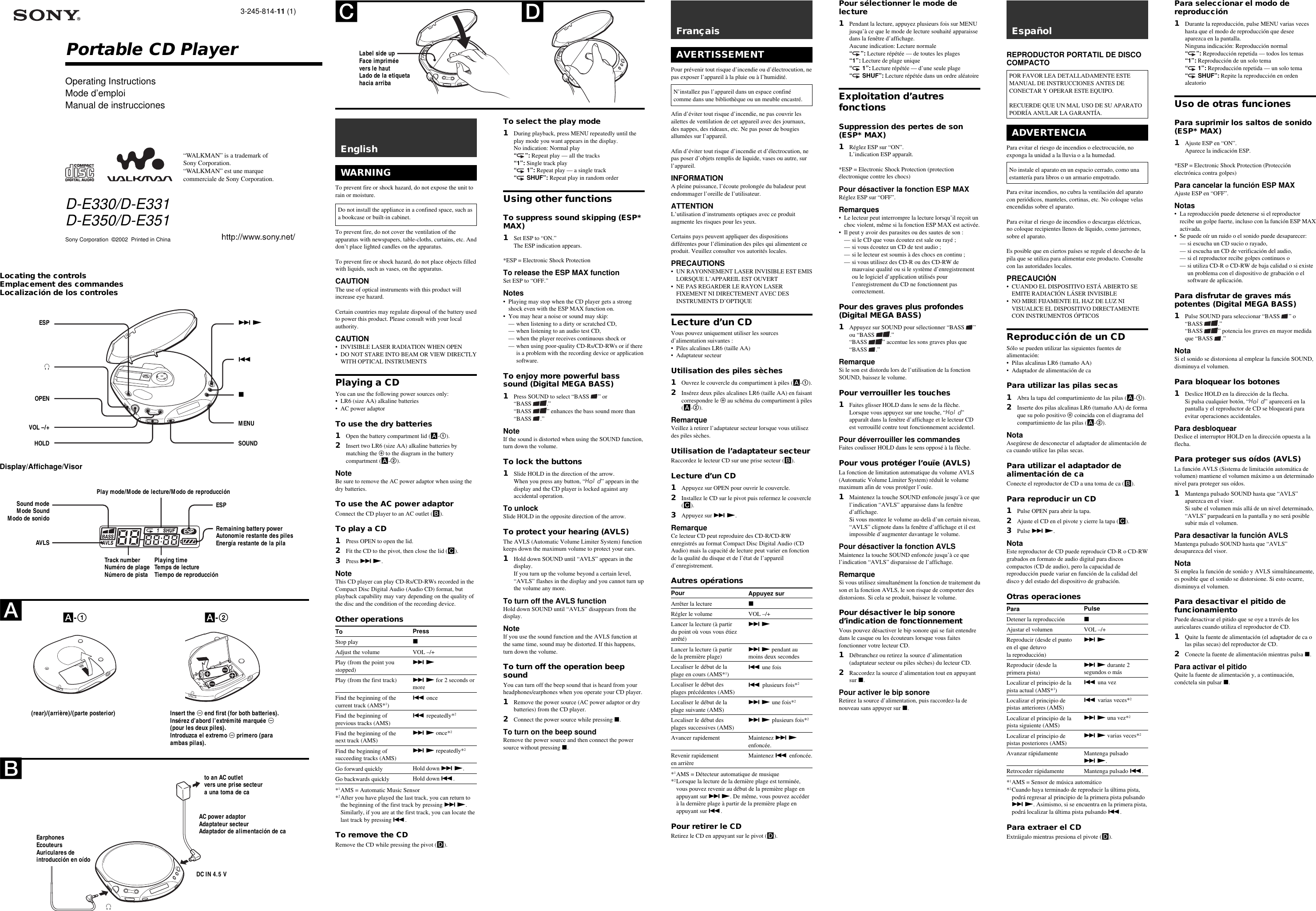 Sony D-E331 Portable CD Player Manual
