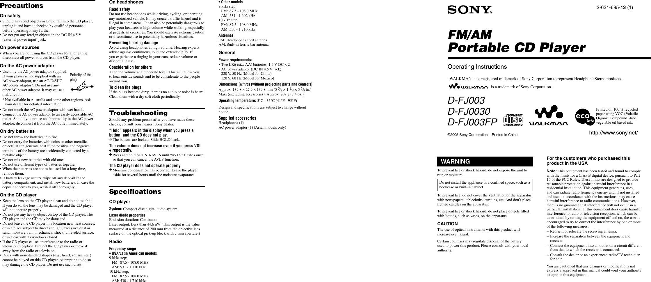 Page 1 of 2 - Sony Sony-Cd-Walkman-D-Fj003-Users-Manual- GB1U  Sony-cd-walkman-d-fj003-users-manual