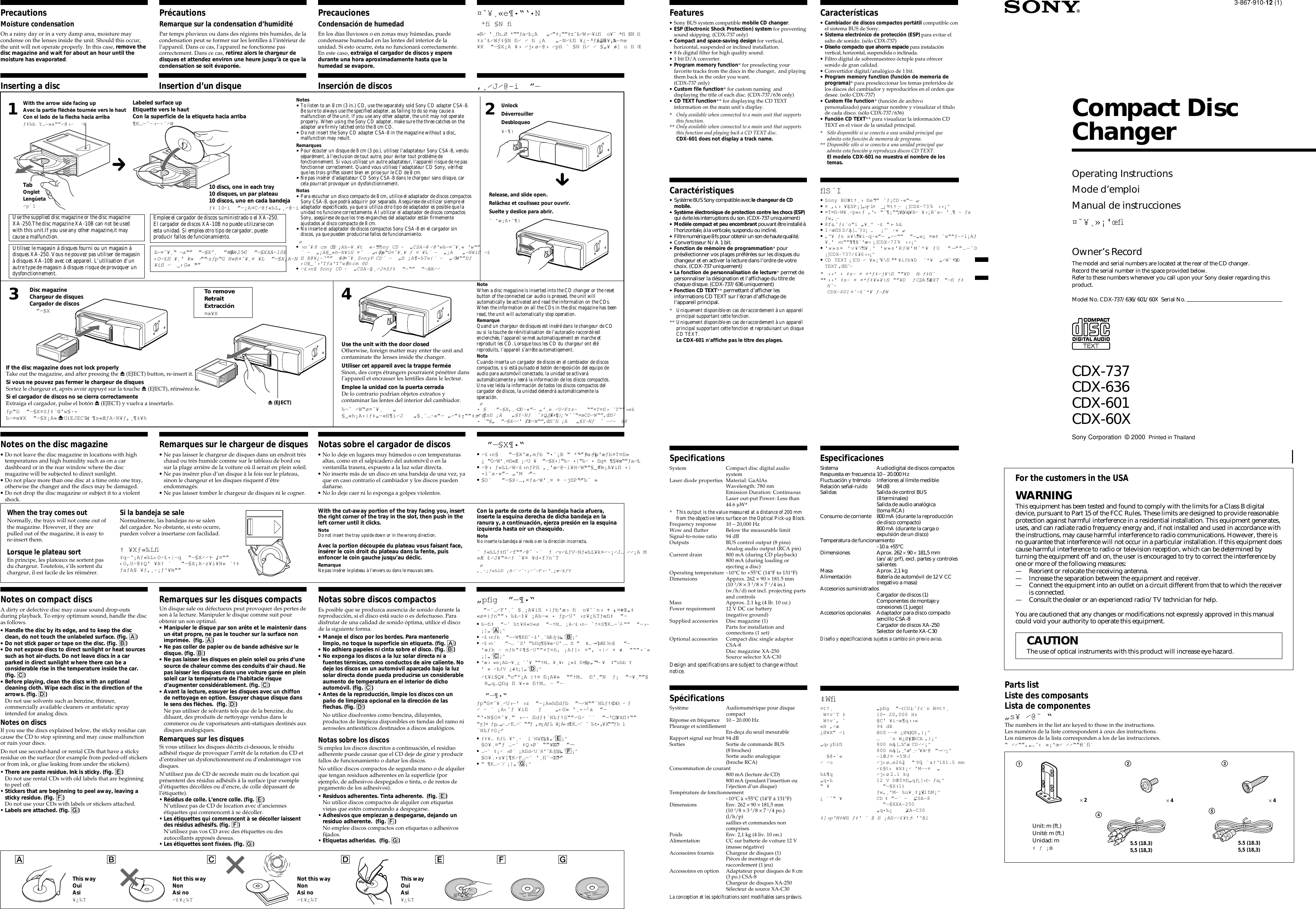 Page 1 of 2 - Sony Sony-Cdx-601-Users-Manual- CDX-737/CDX-636/CDX-601/CDX-60X  Sony-cdx-601-users-manual