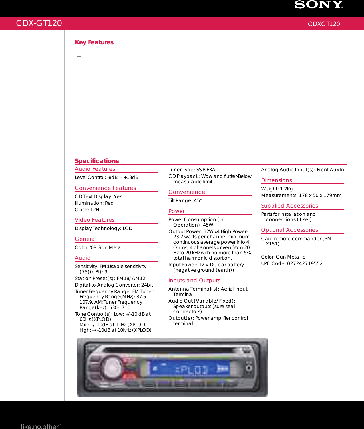 Page 1 of 2 - Sony Sony-Cdx-Gt120-Marketing-Specifications-  Sony-cdx-gt120-marketing-specifications