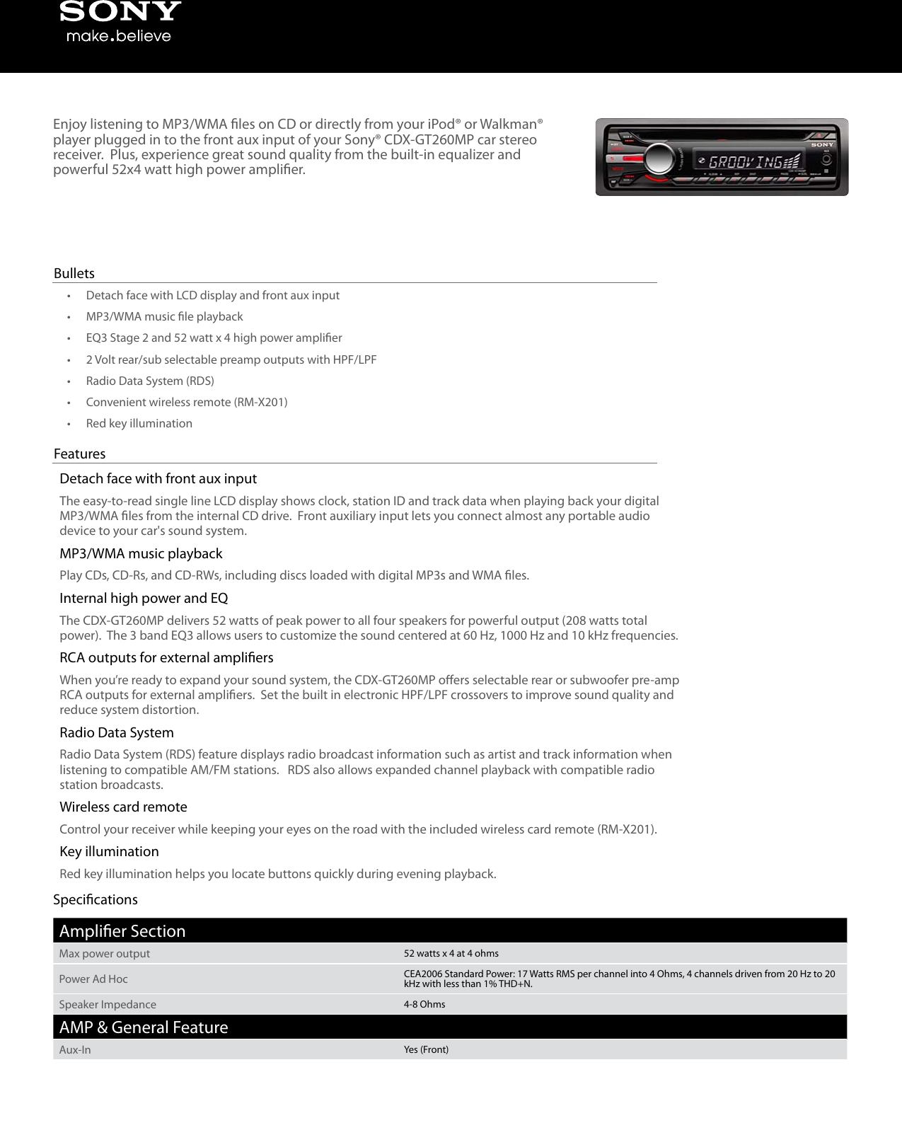 Page 1 of 4 - Sony Sony-Cdx-Gt260Mp-Marketing-Specifications-  Sony-cdx-gt260mp-marketing-specifications