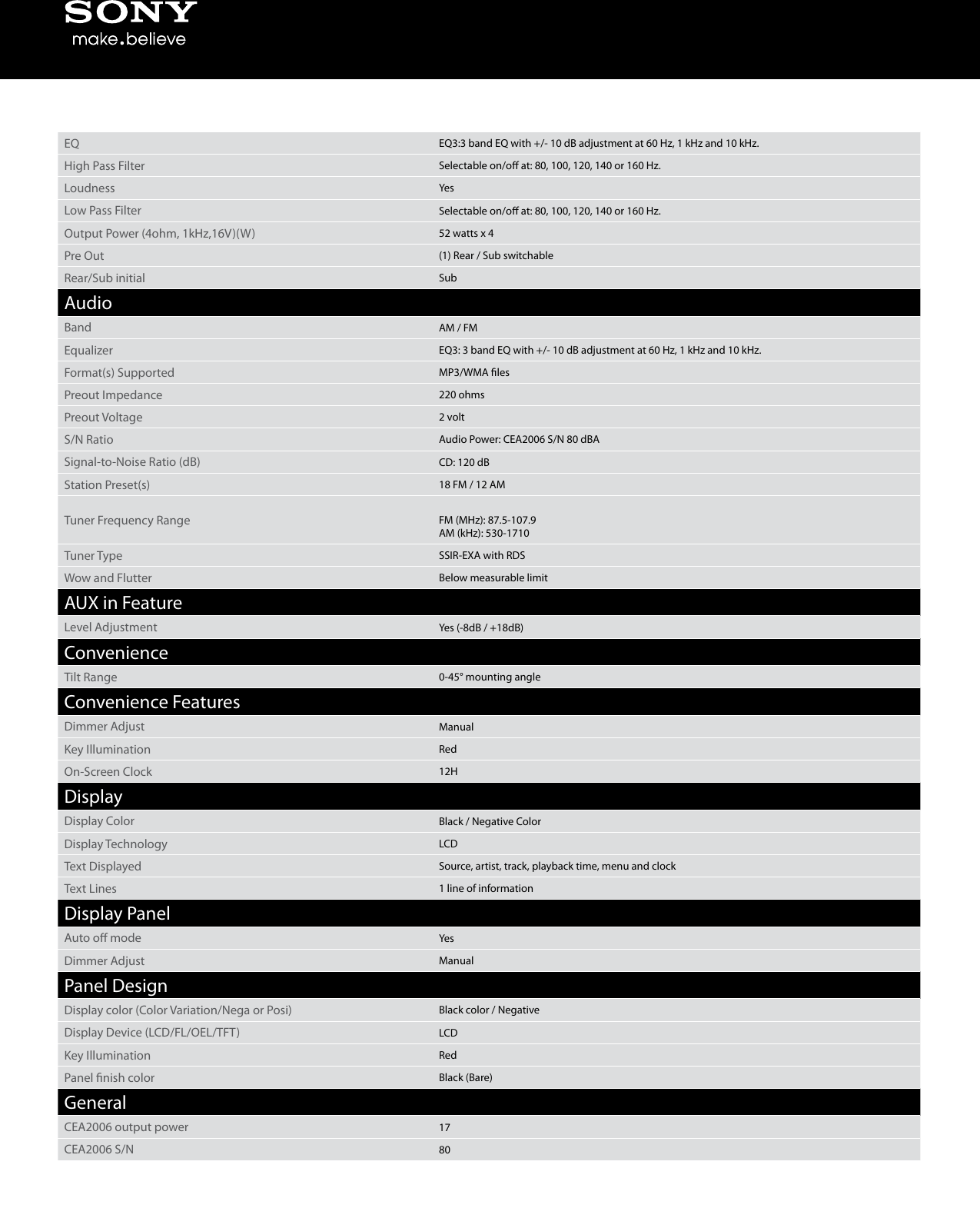 Page 2 of 4 - Sony Sony-Cdx-Gt260Mp-Marketing-Specifications-  Sony-cdx-gt260mp-marketing-specifications