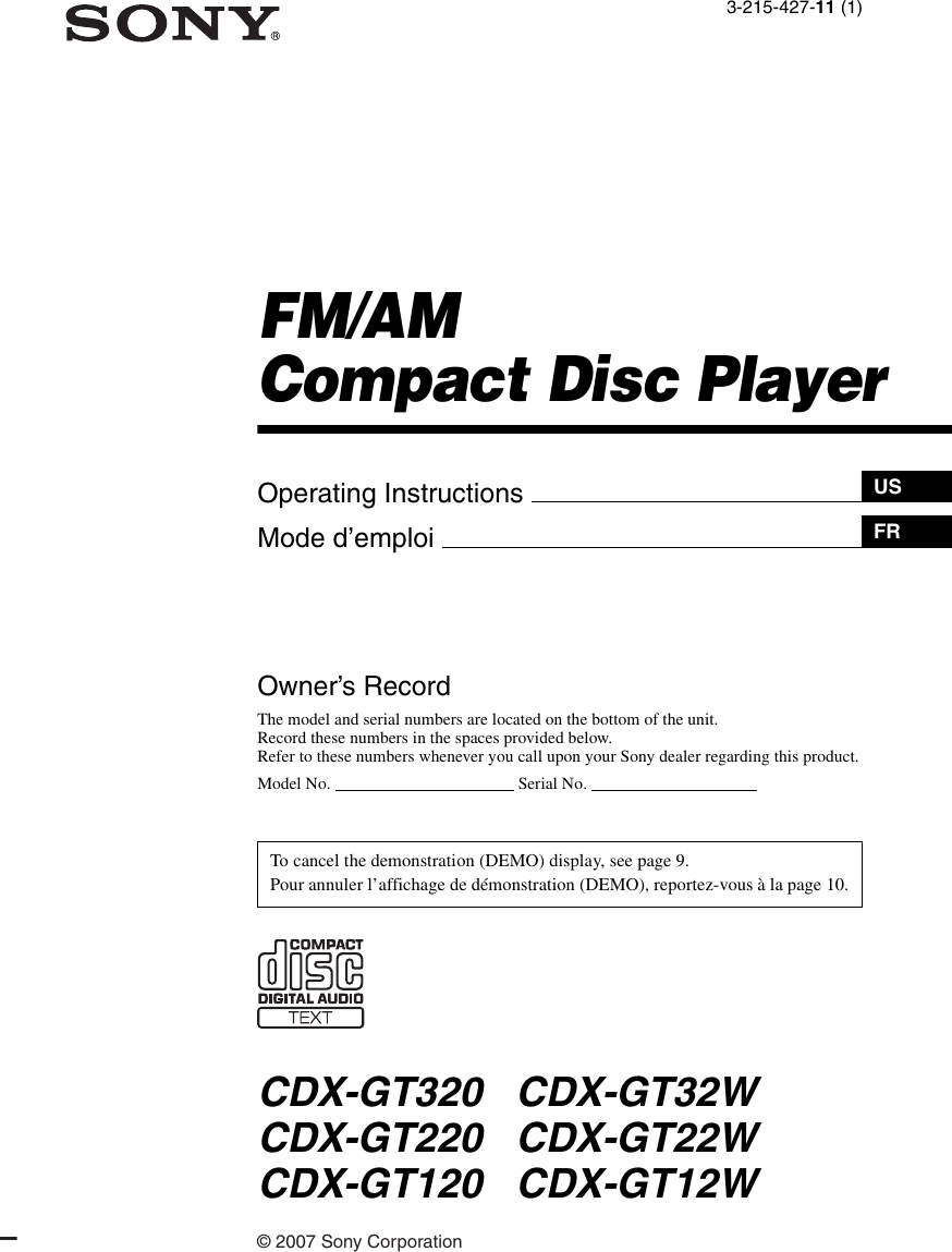Sony Cdx Gt320 Operating Instructions Gt320 Gt32w Gt220 Gt22w Gt120 Gt12w