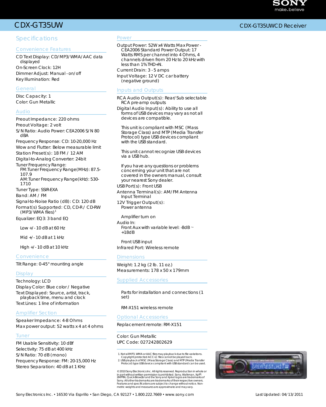 Page 2 of 2 - Sony Sony-Cdx-Gt35Uw-Marketing-Specifications-  Sony-cdx-gt35uw-marketing-specifications