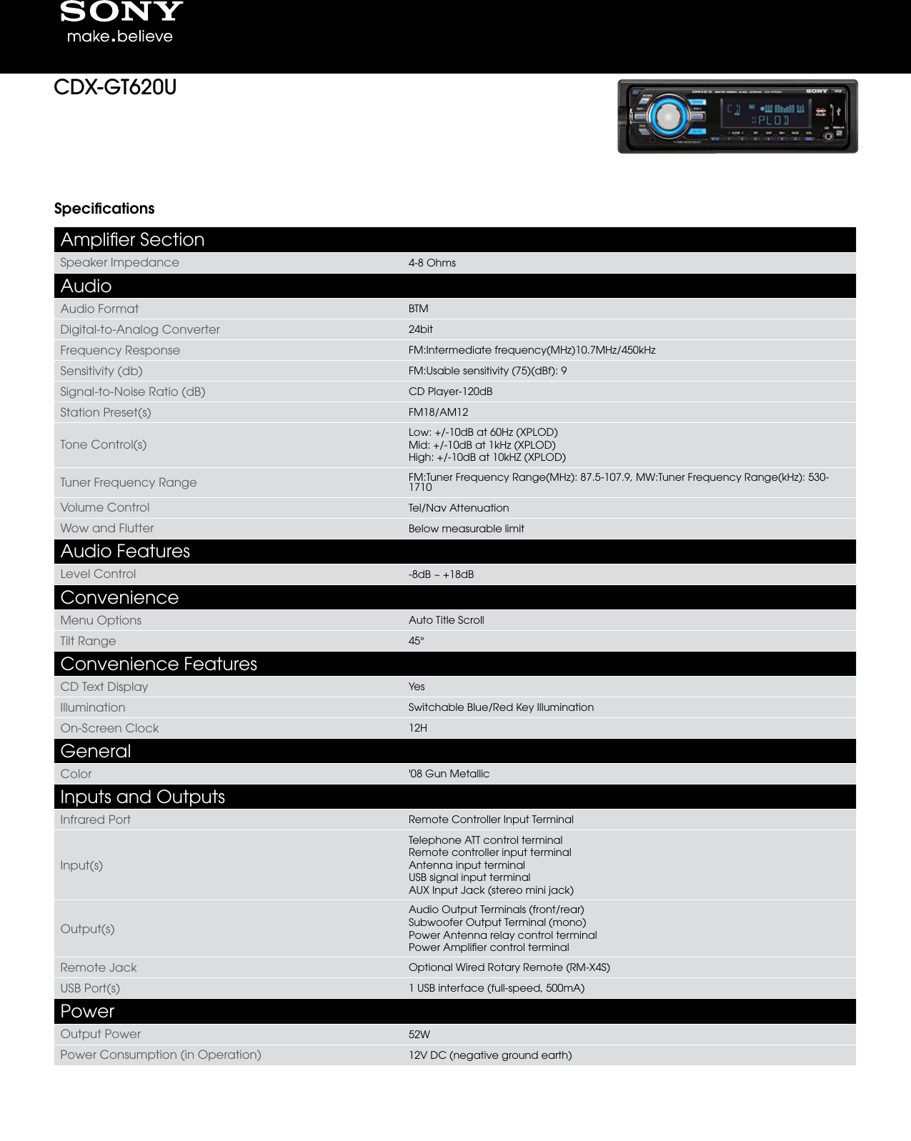 Sony Cdx Gt620U Marketing Specifications