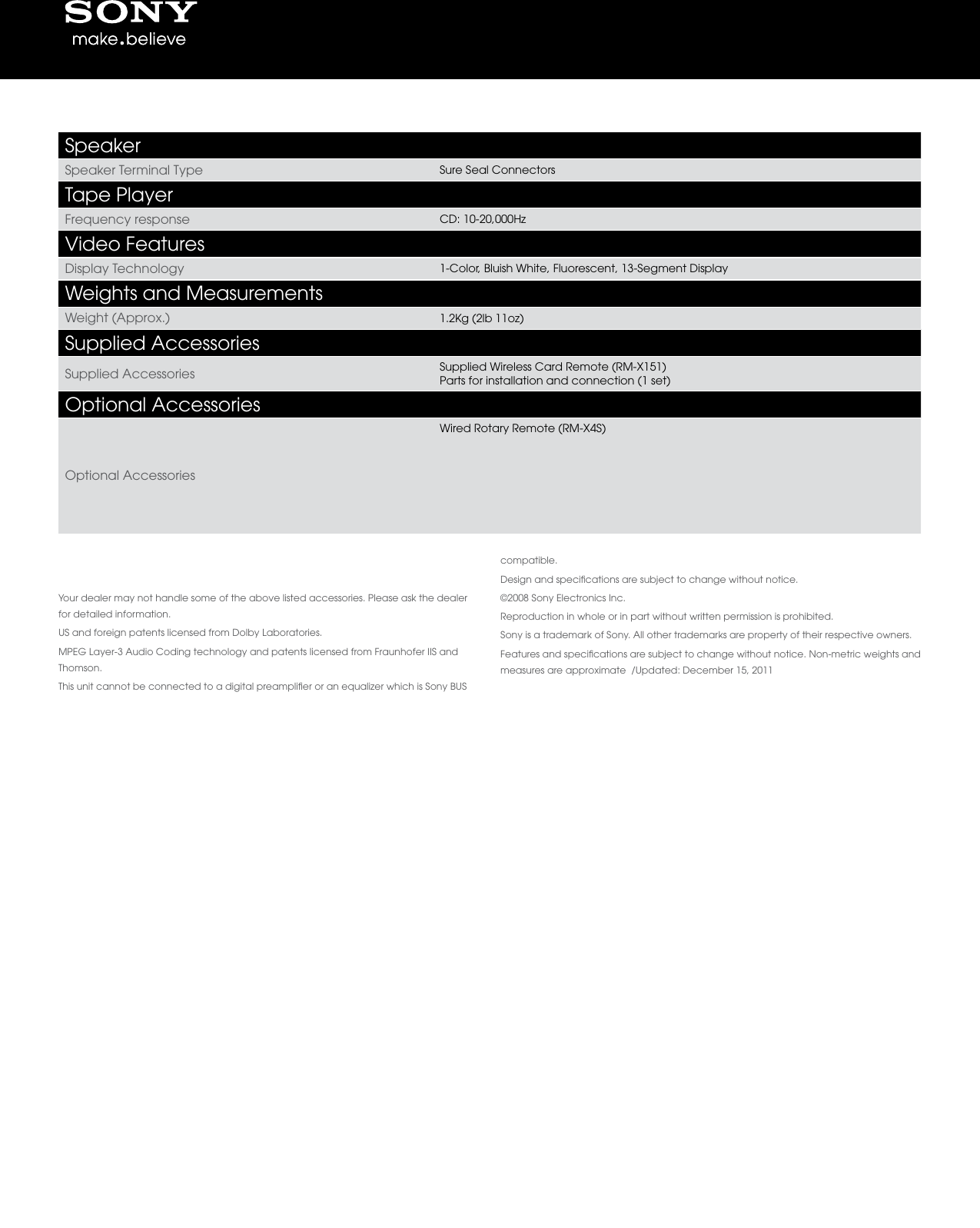 Sony Cdx Gt620U Marketing Specifications
