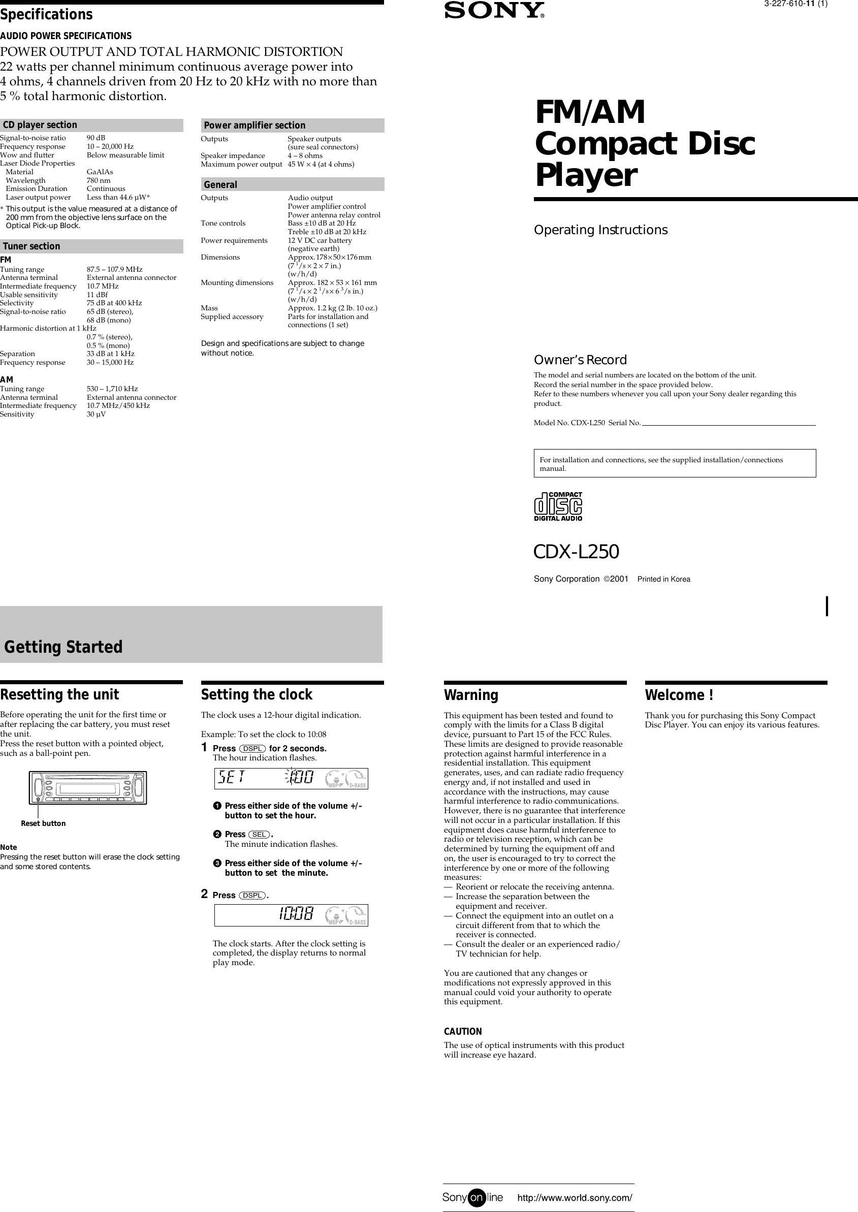 Page 1 of 4 - Sony Sony-Cdx-L250-Users-Manual- CDX-L250  Sony-cdx-l250-users-manual