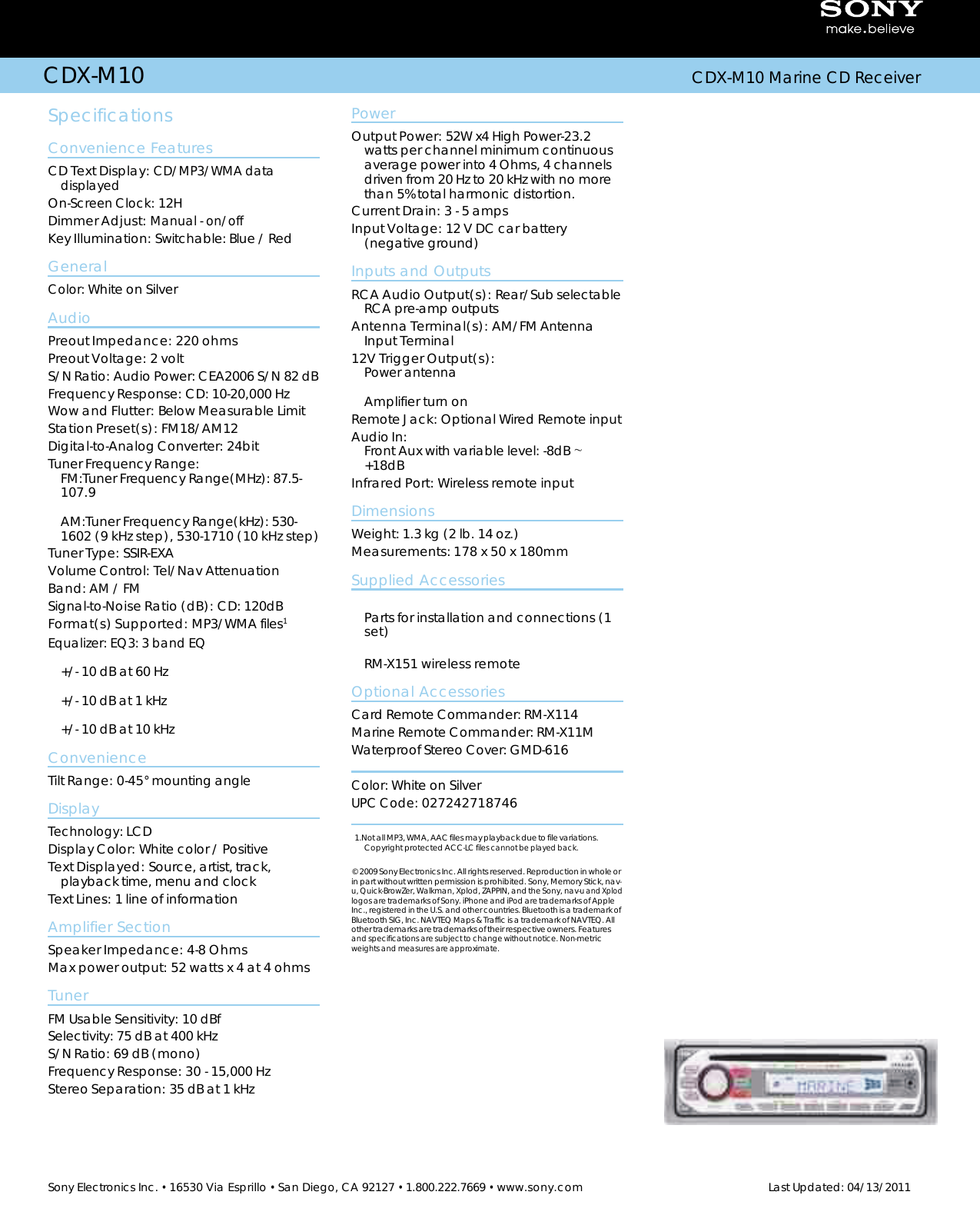 Page 2 of 2 - Sony Sony-Cdx-M10-Specifications- Sony-cdx-m10-specifications