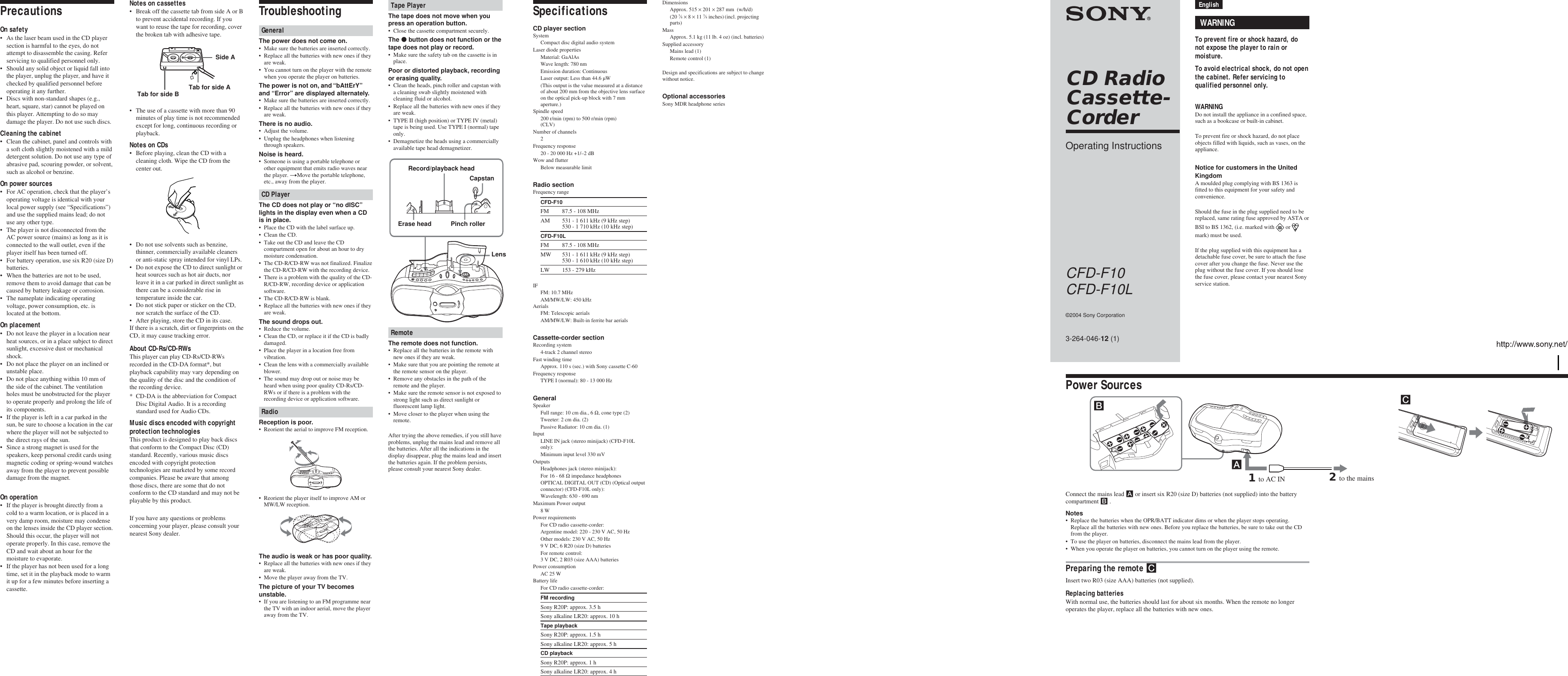 Page 1 of 2 - Sony Sony-Cfd-F10-Users-Manual- CFD-F10/F10L  Sony-cfd-f10-users-manual