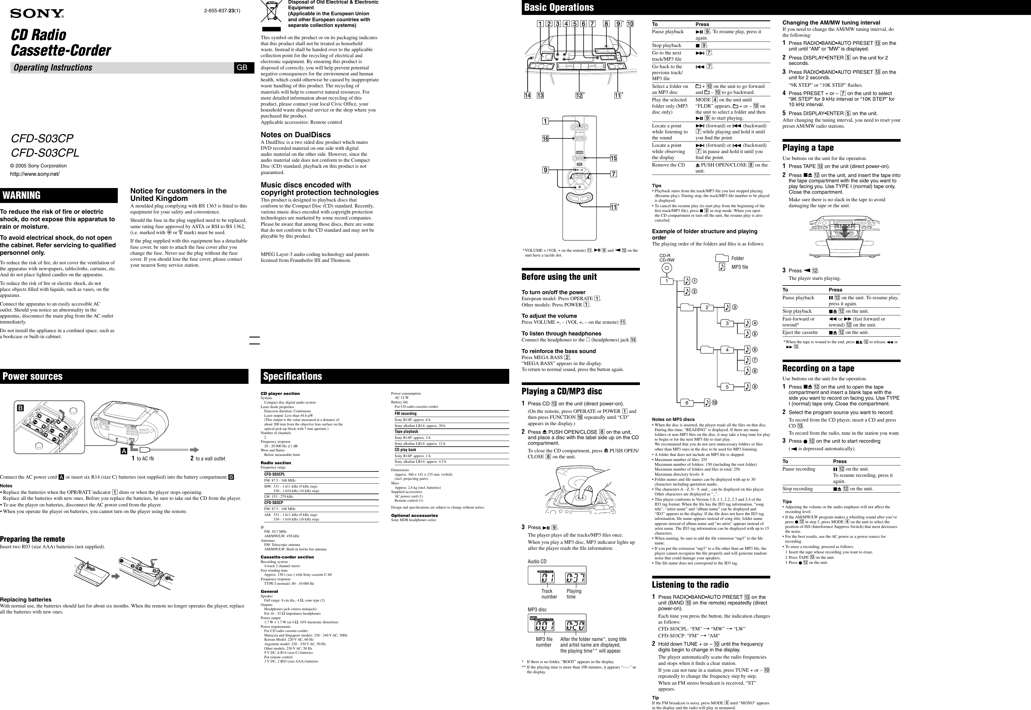 Page 1 of 2 - Sony Sony-Cfd-S03Cpl-Users-Manual- CFD-S03CP/S03CPL  Sony-cfd-s03cpl-users-manual