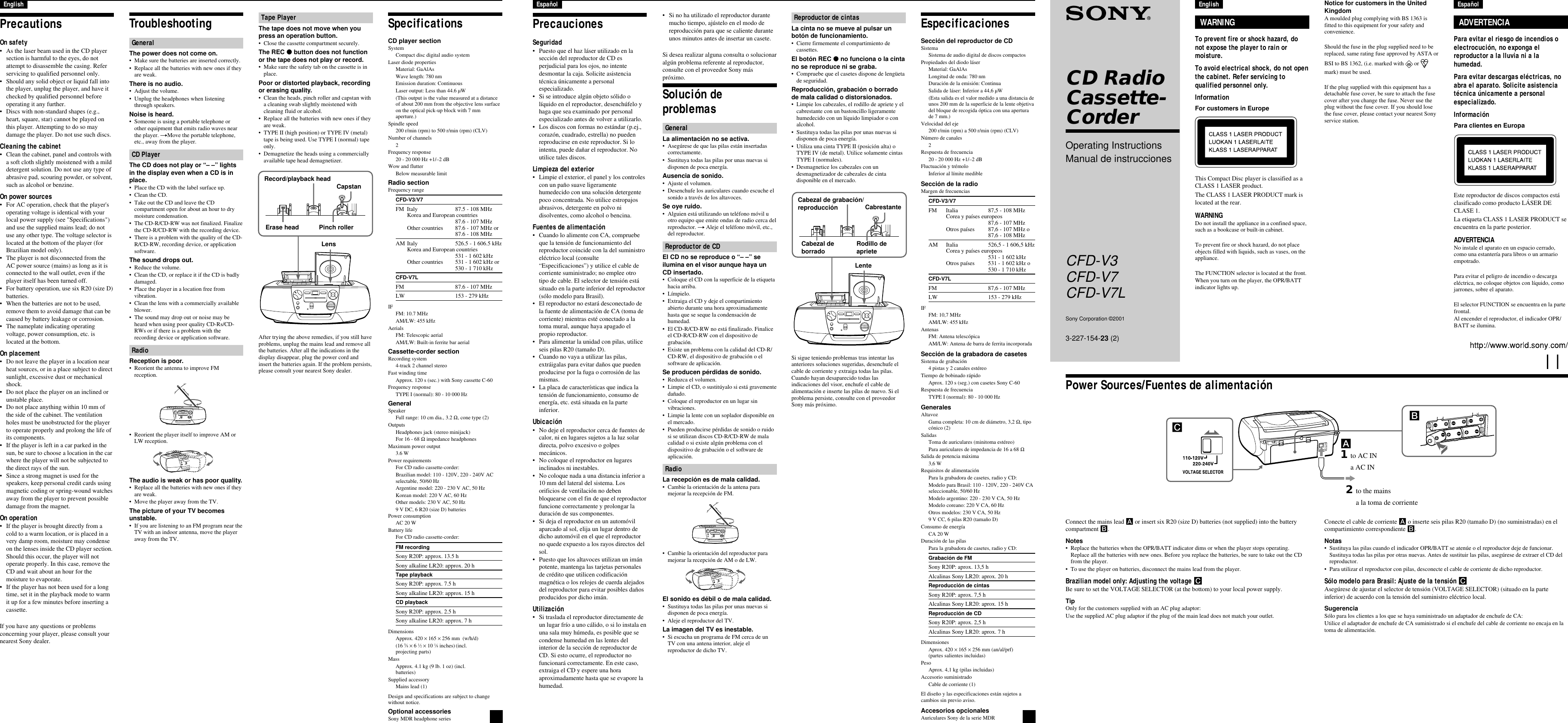 Page 1 of 2 - Sony Sony-Cfd-V3-Users-Manual- CFD-V3/V7/V7L  Sony-cfd-v3-users-manual