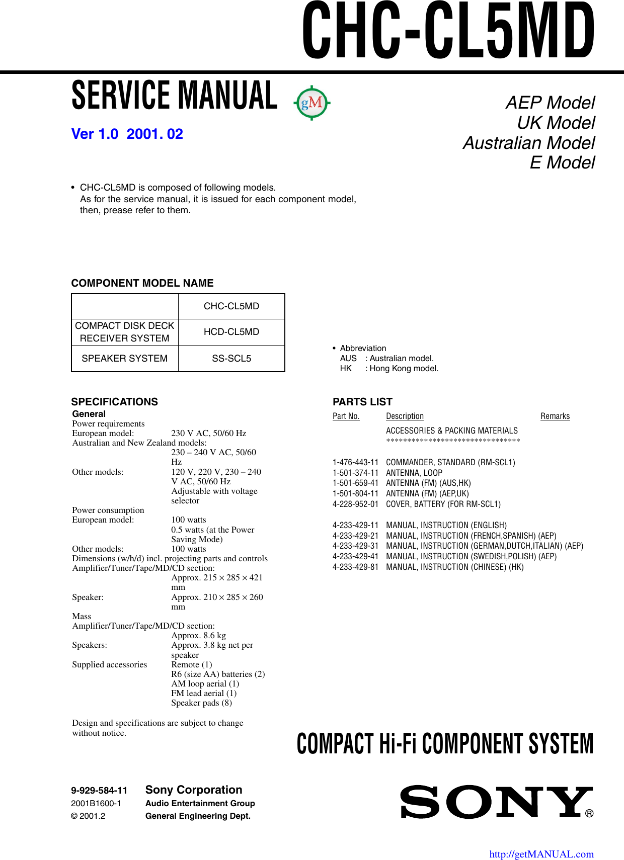 Page 1 of 1 - Sony Sony-Chc-Cl5Md-Users-Manual-  Sony-chc-cl5md-users-manual