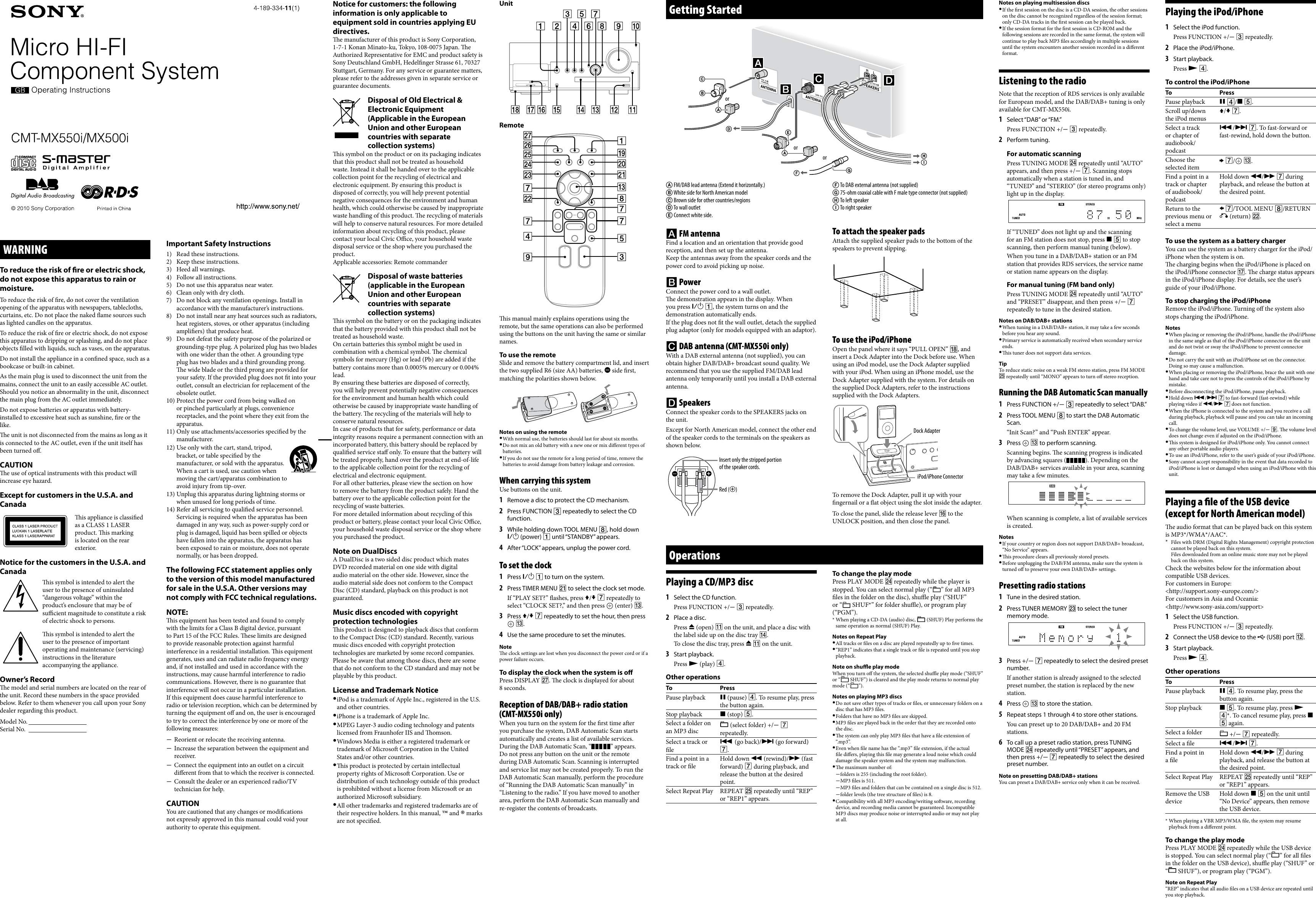Page 1 of 2 - Sony Sony-Cmt-Mx550I-Users-Manual- CMT-MX550i/MX500i  Sony-cmt-mx550i-users-manual