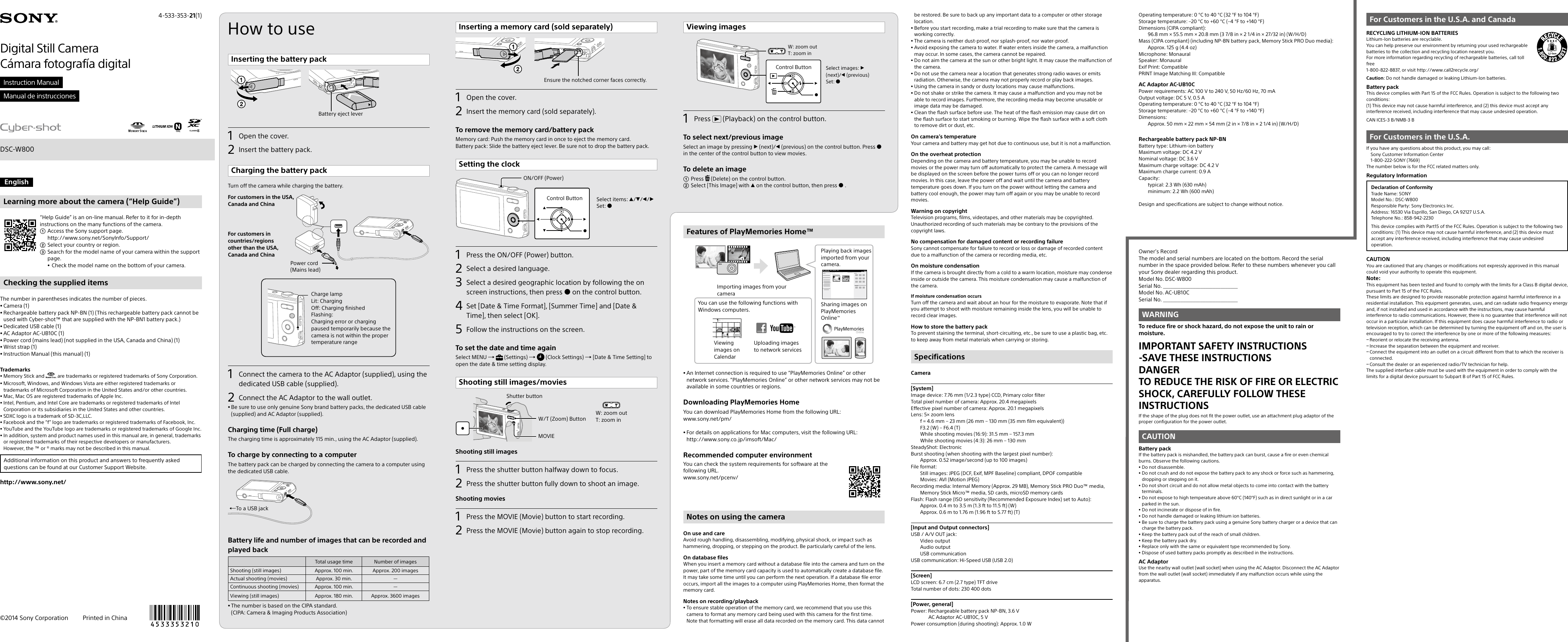 Page 1 of 2 - Sony Sony-Cyber-Shot-Dsc-W800-Instruction-Manual-  Sony-cyber-shot-dsc-w800-instruction-manual