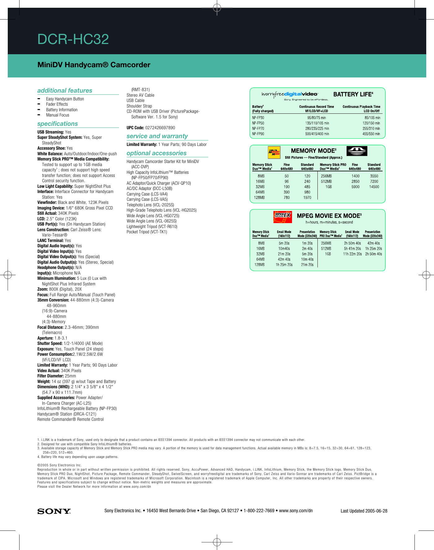 Page 2 of 2 - Sony Sony-Dcr-Hc32-Marketing-Specifications-  Sony-dcr-hc32-marketing-specifications