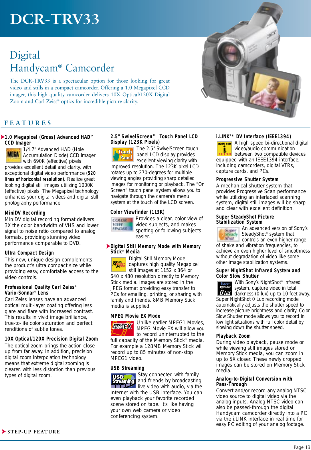 Page 1 of 2 - Sony Sony-Dcr-Trv33-Marketing-Specifications- SON 904; 9 Mini DV Prod/Chart Sony-dcr-trv33-marketing-specifications