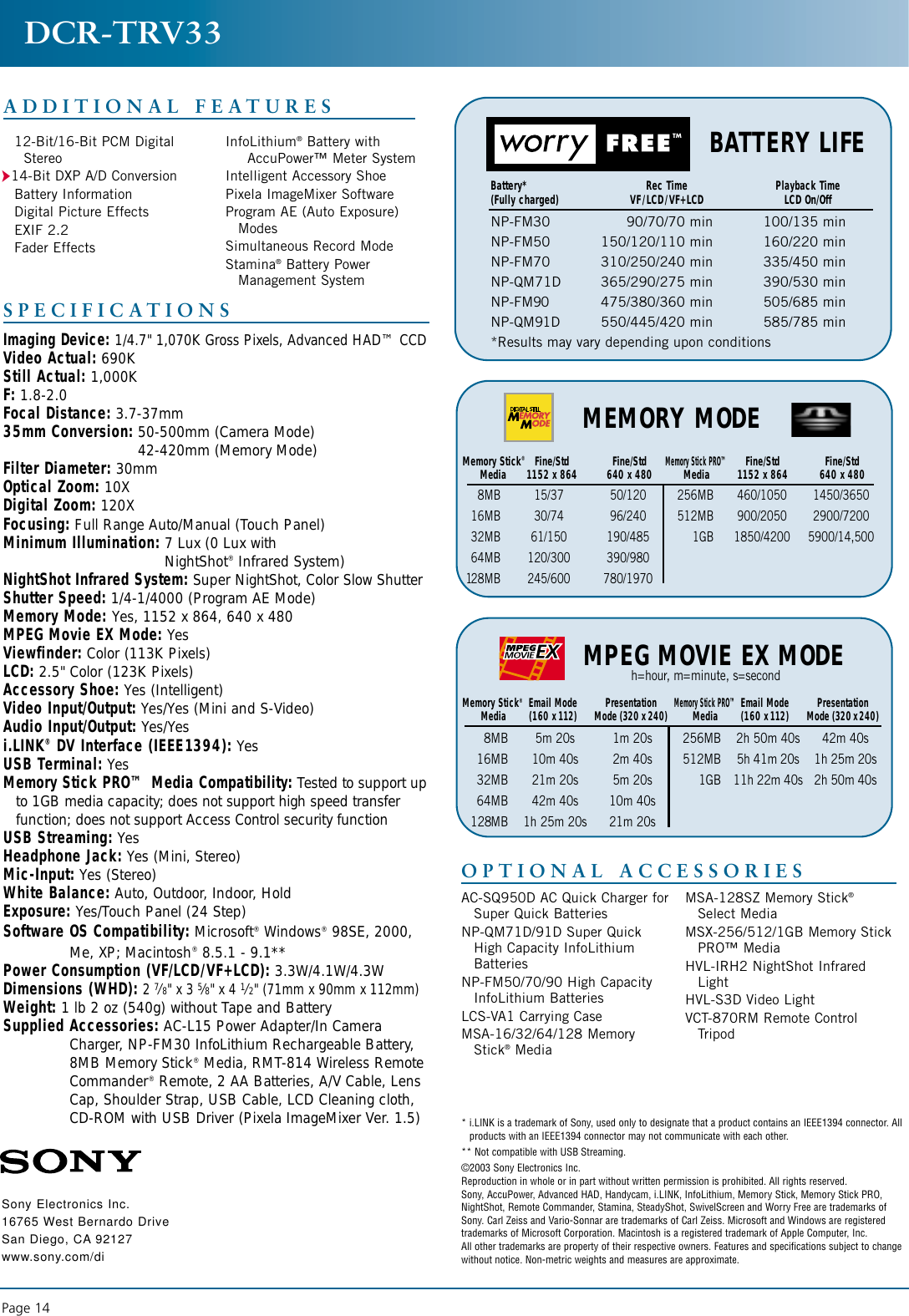 Page 2 of 2 - Sony Sony-Dcr-Trv33-Marketing-Specifications- SON 904; 9 Mini DV Prod/Chart Sony-dcr-trv33-marketing-specifications