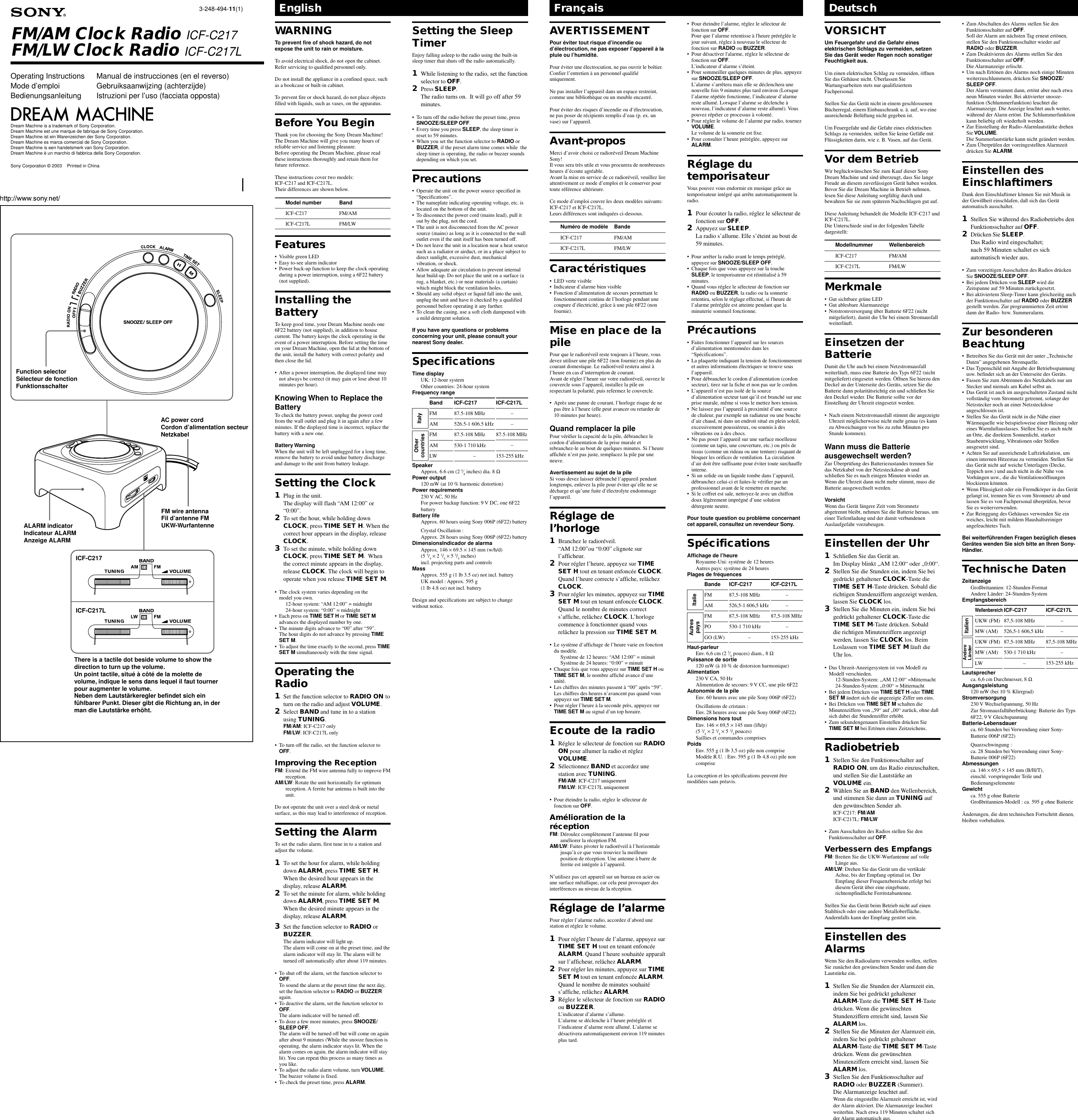 Page 1 of 2 - Sony Sony-Dream-Machine-Icf-C217-Users-Manual- ICF-C217/c217L  Sony-dream-machine-icf-c217-users-manual