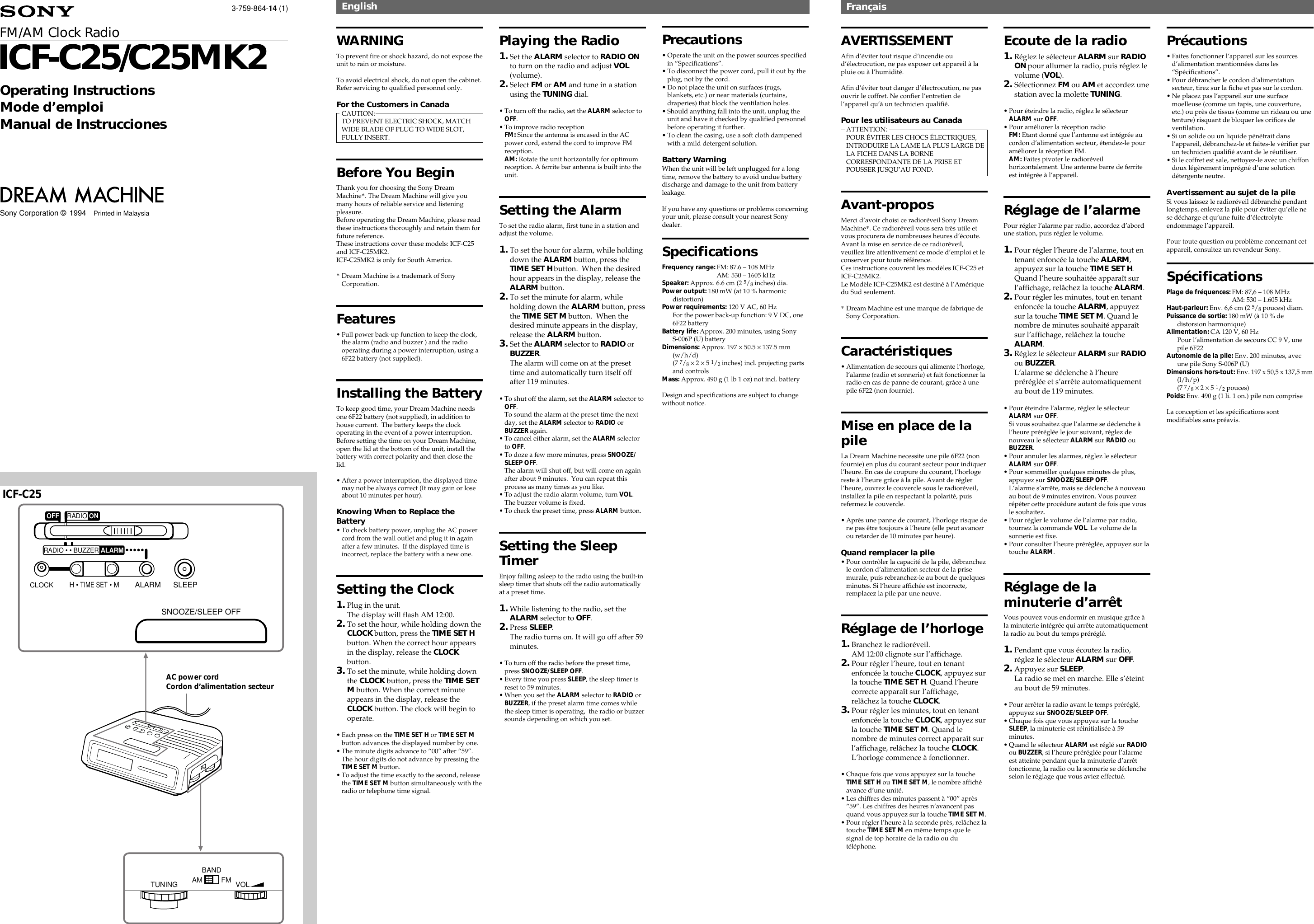 Page 1 of 2 - Sony Sony-Dream-Machine-Icf-C25Mk2-Users-Manual- ICF-C25  Sony-dream-machine-icf-c25mk2-users-manual