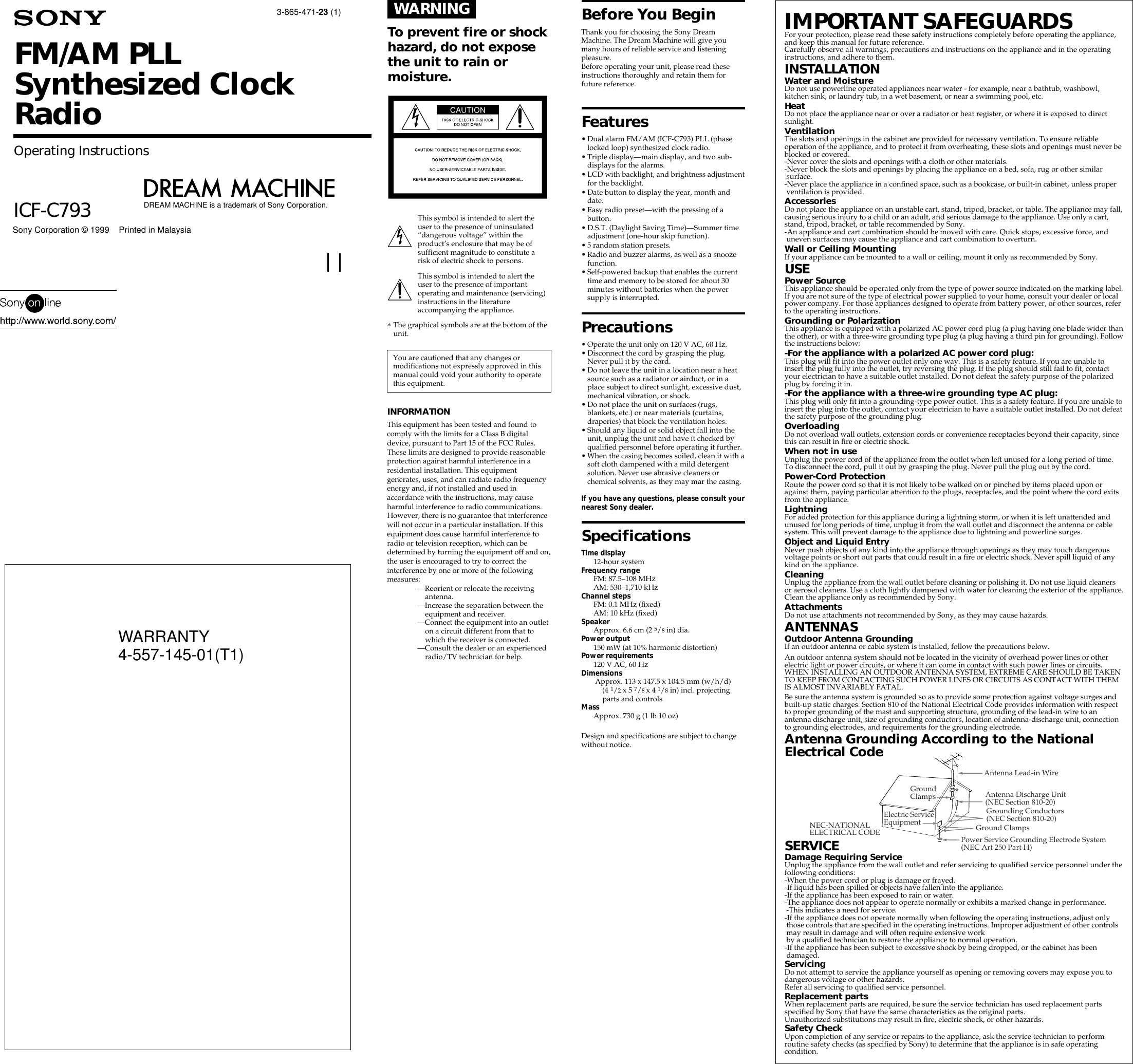 Page 1 of 2 - Sony Sony-Dream-Machine-Icf-C793-Users-Manual- ICF-C793  Sony-dream-machine-icf-c793-users-manual