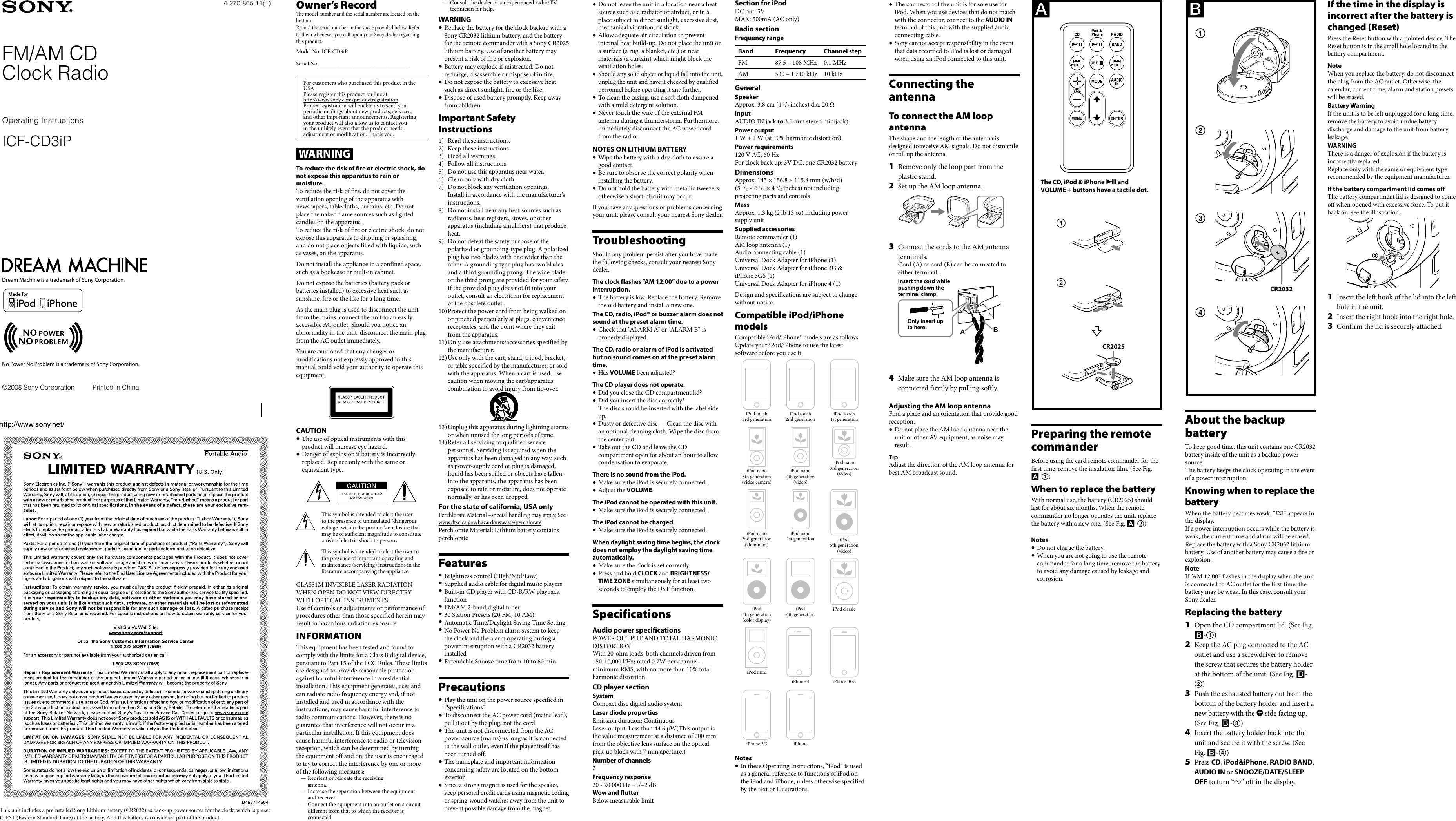 Page 1 of 2 - Sony Sony-Dream-Machine-Icf-Cd3Ip-Users-Manual- ICF-CD3iP  Sony-dream-machine-icf-cd3ip-users-manual