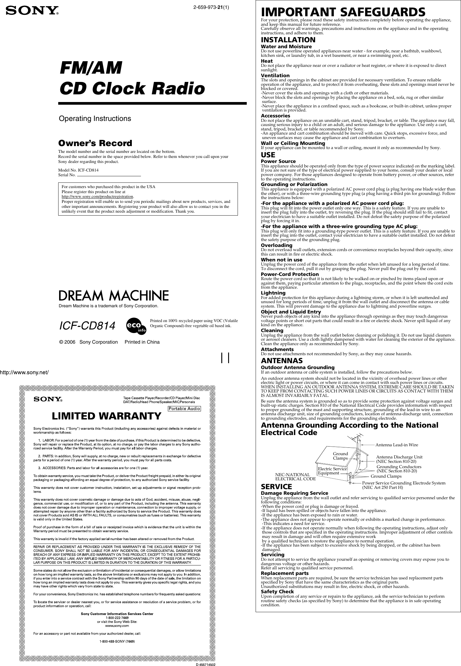 Page 1 of 2 - Sony Sony-Dream-Machine-Icf-Cd814-Users-Manual- ICF-CD814  Sony-dream-machine-icf-cd814-users-manual