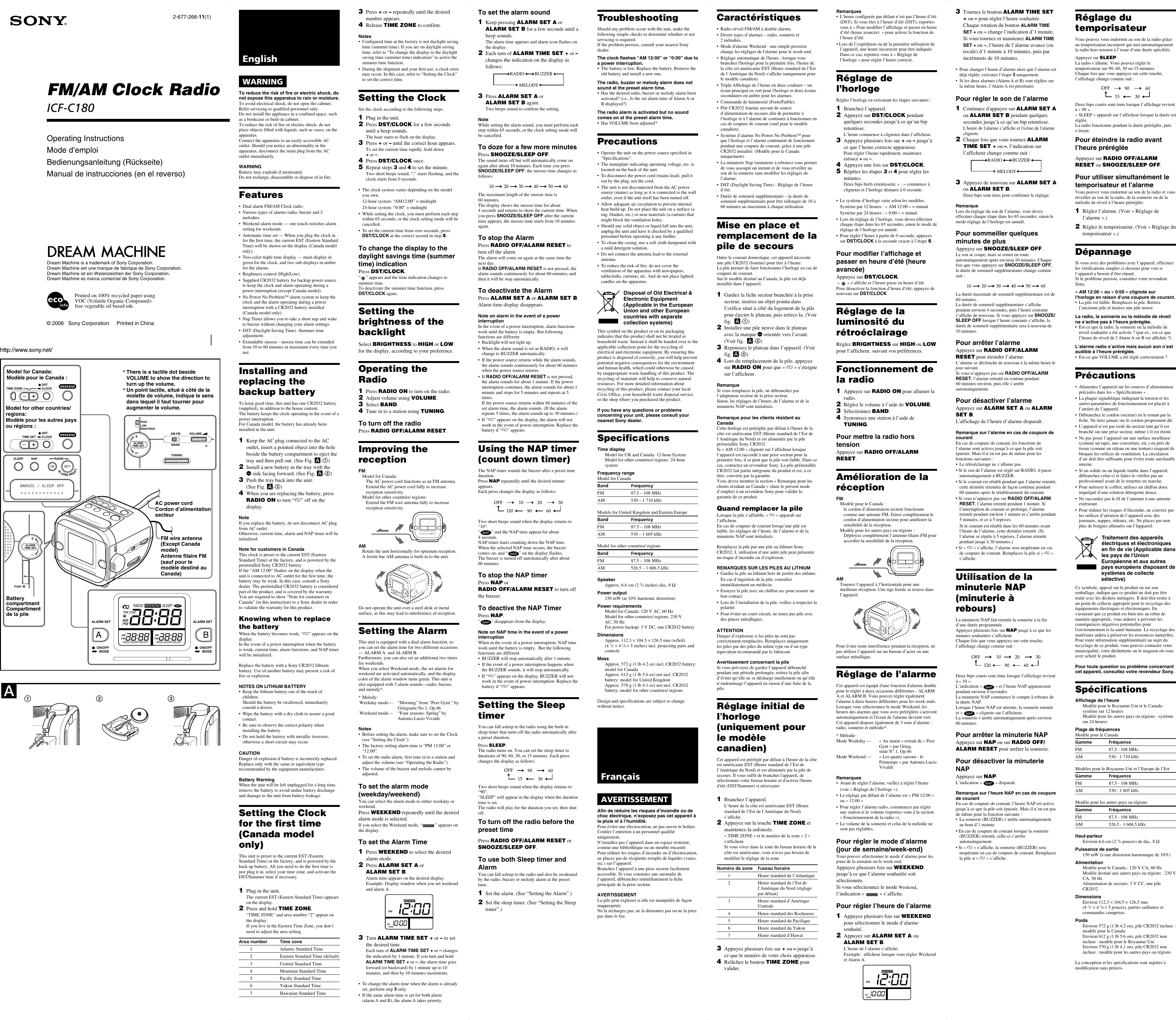 Page 1 of 2 - Sony Sony-Dream-Machine-Isf-C180-Users-Manual- ICF-C180  Sony-dream-machine-isf-c180-users-manual