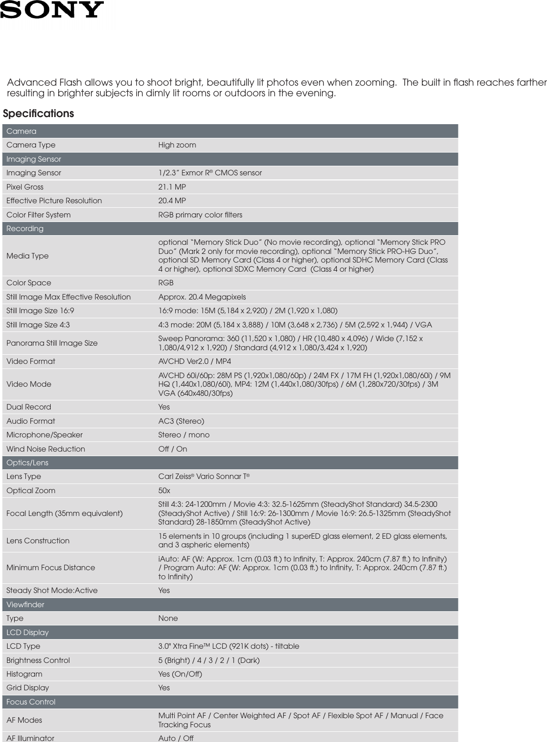 Page 2 of 4 - Sony Sony-Dsc-Hx300-Marketing-Specifications-  Sony-dsc-hx300-marketing-specifications