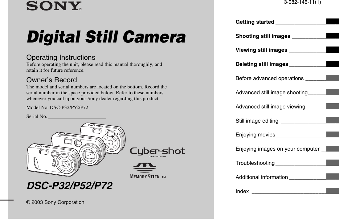 Sony Dsc P52 Operating Instructions P32 P52 P72